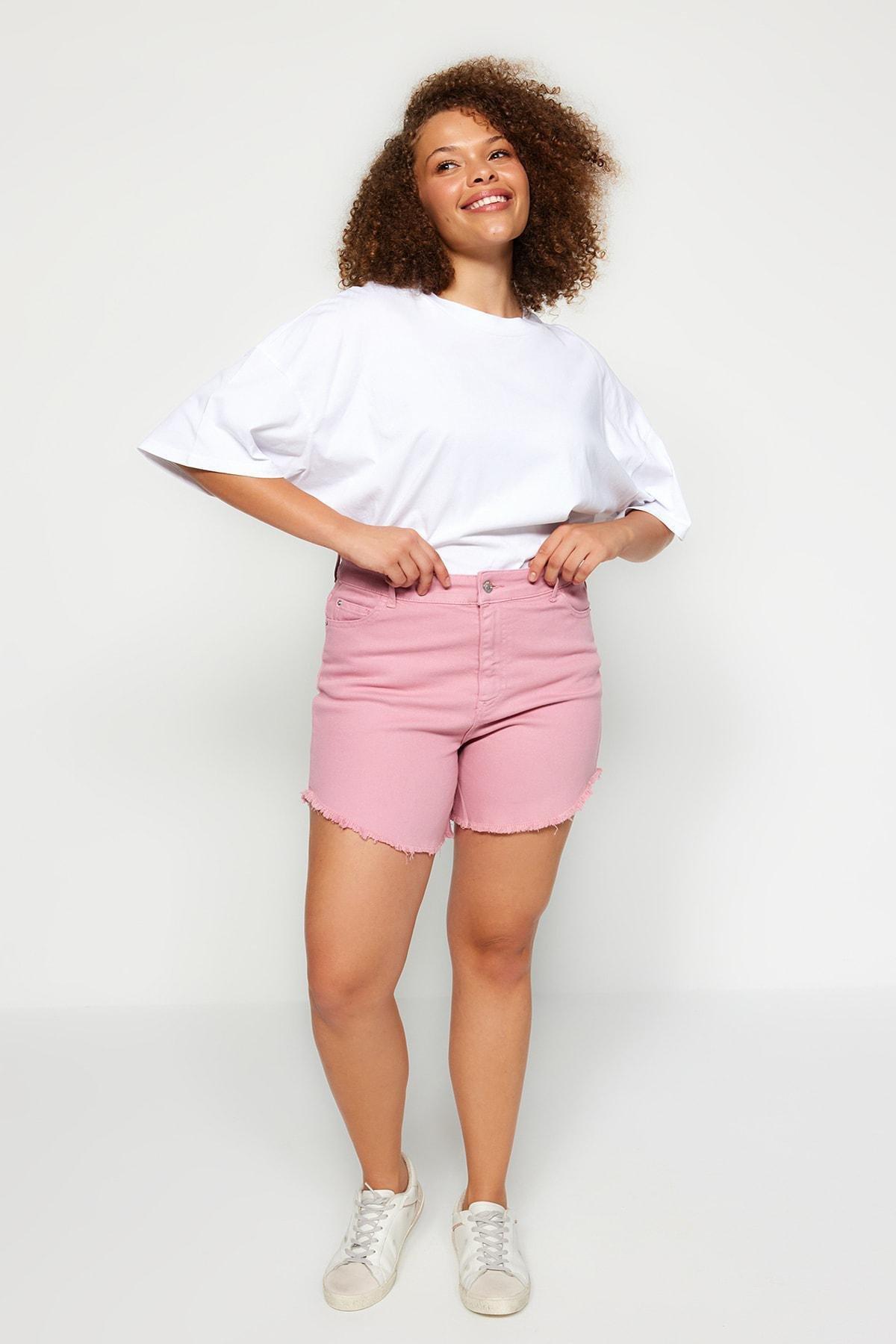 Pink Flexible Skinny Denim Shorts With Tassels, , large image number 2