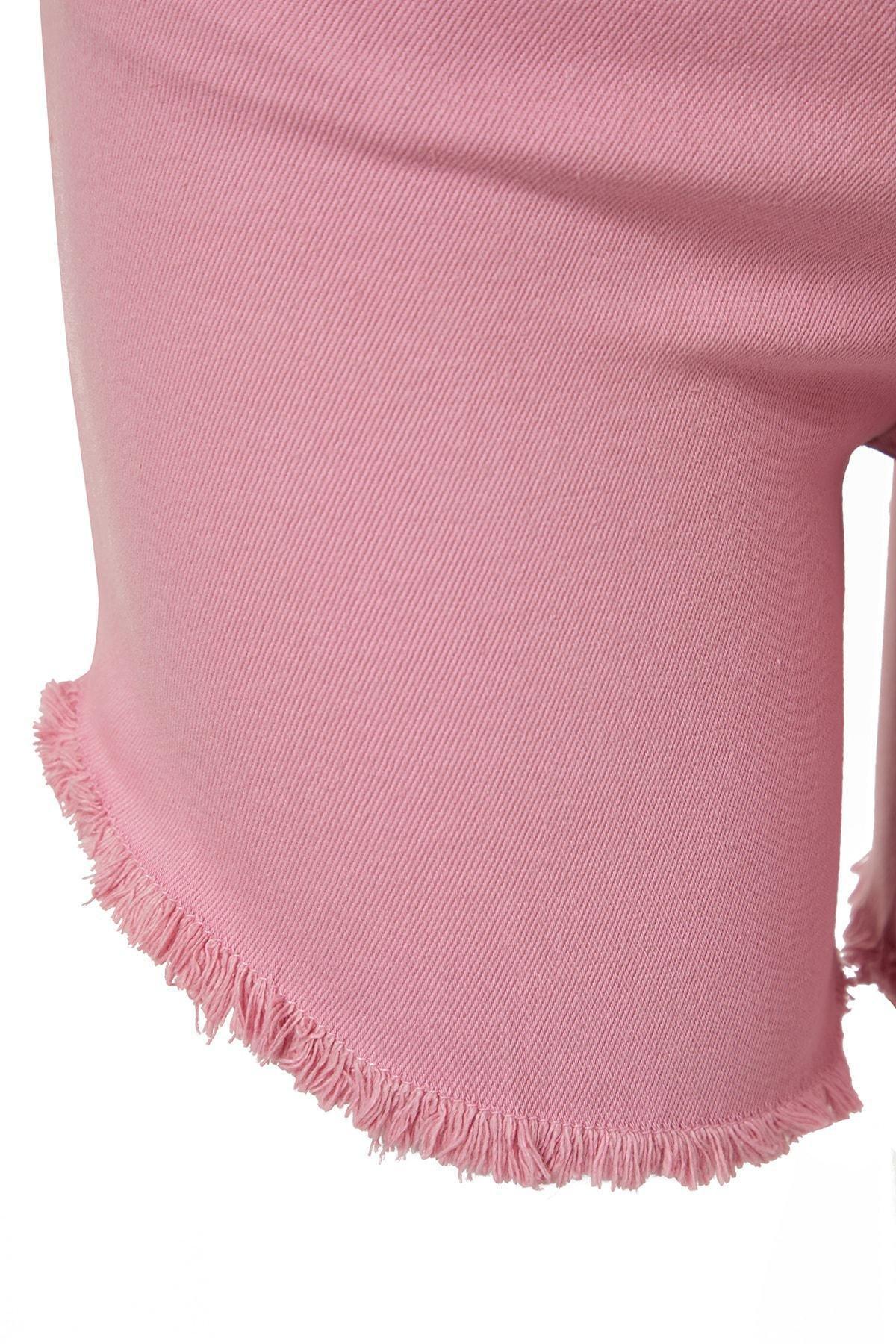 Pink Flexible Skinny Denim Shorts With Tassels, , large image number 6
