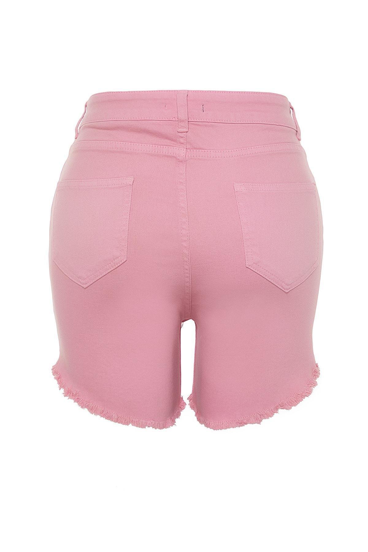 Pink Flexible Skinny Denim Shorts With Tassels, , large image number 7