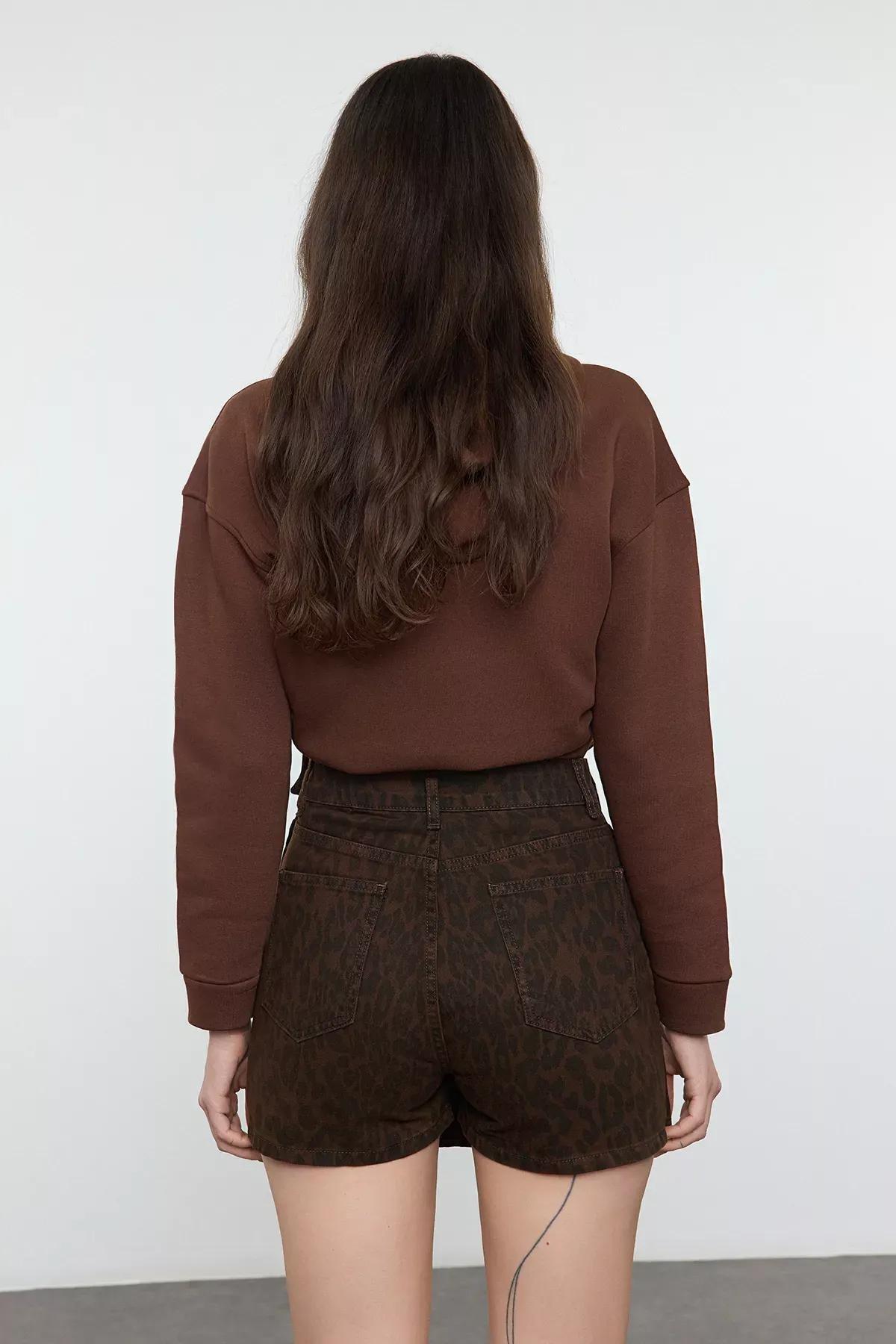 Brown Leopard Patterned Slit Denim Skort, , large image number 4