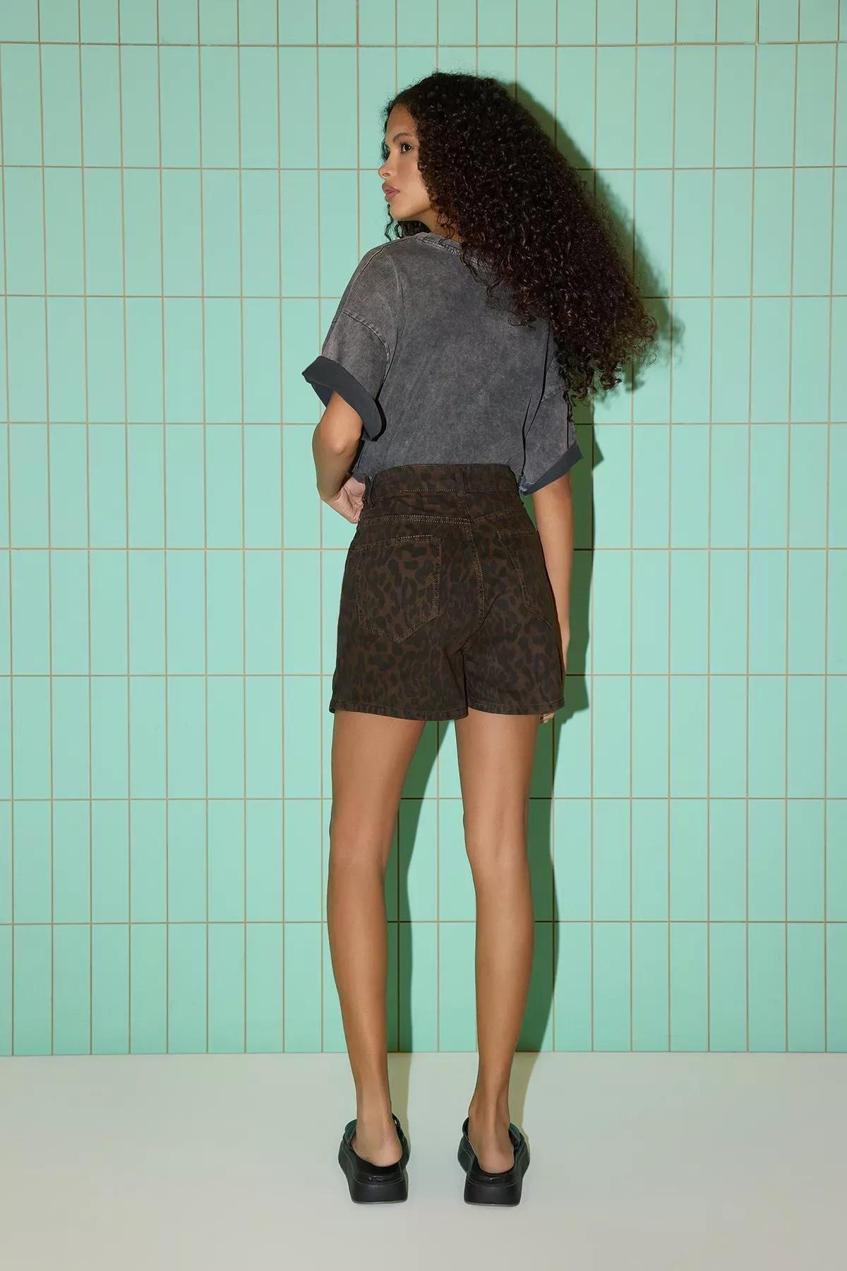 Brown Leopard Patterned Slit Denim Skort, C101_7382, large image number 9