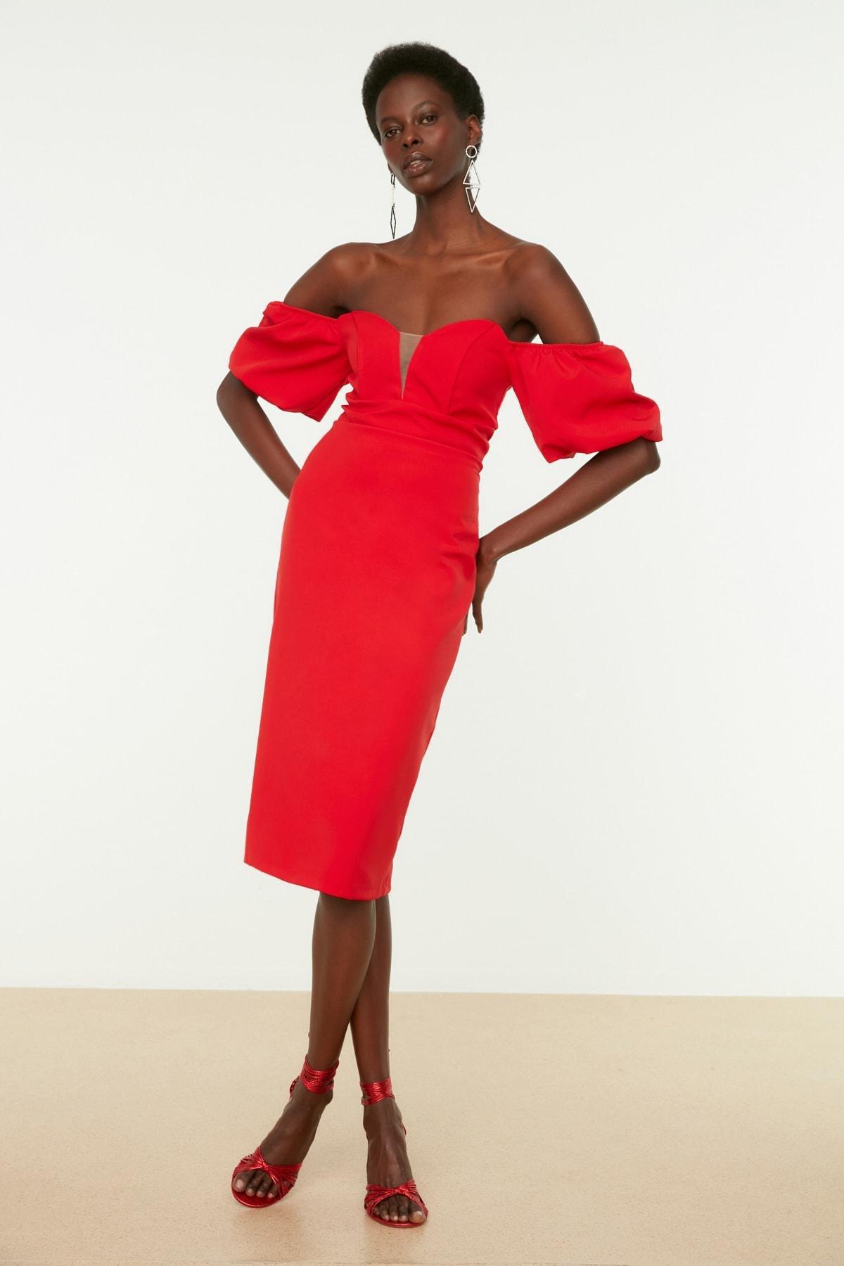 Red Off Shoulder Midi Dress, , large image number 0