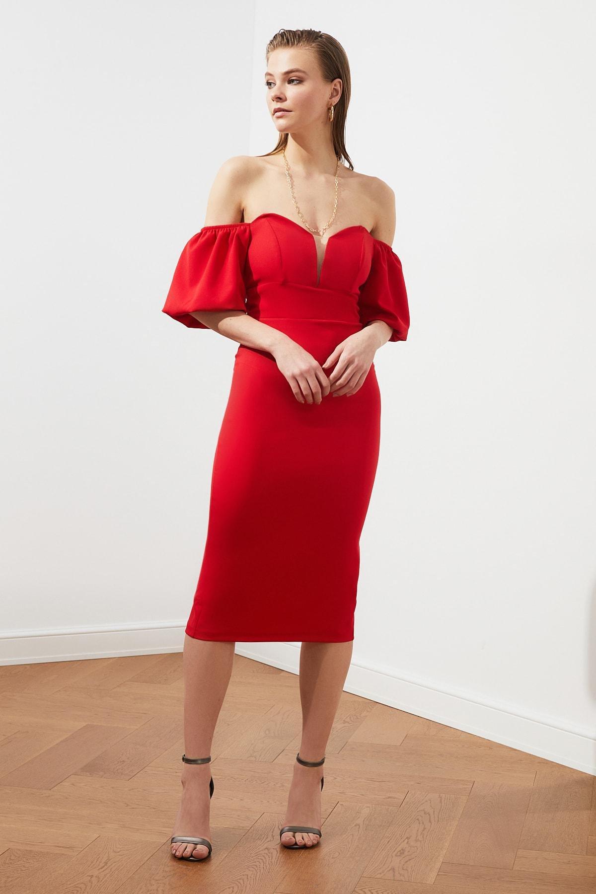 Red Off Shoulder Midi Dress, , large image number 5
