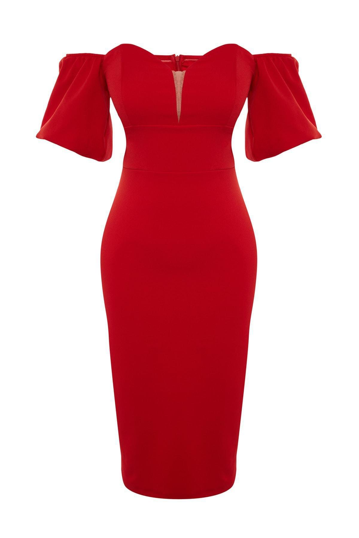 Red Off Shoulder Midi Dress, , large image number 6