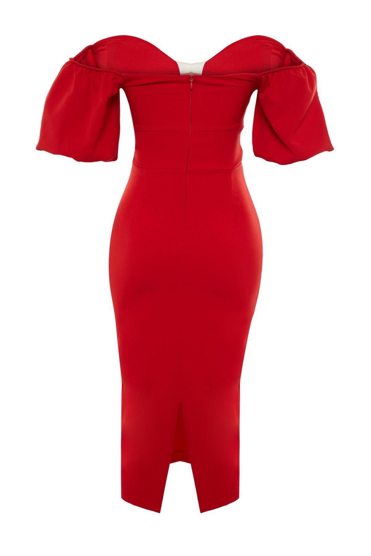 Red Off Shoulder Midi Dress, , large image number 8