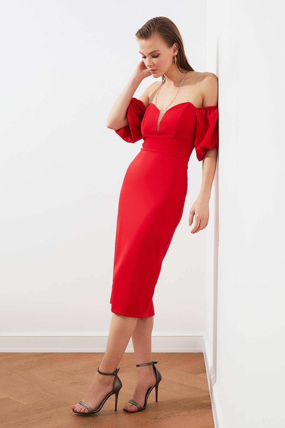 Red Off Shoulder Midi Dress, , large image number 9