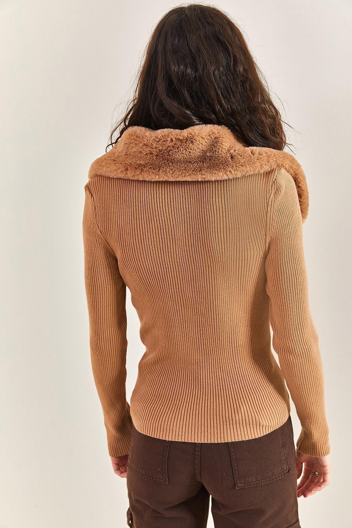 Beige Shearling Fur Zipper Knitted Sweater, CAMEL, large image number 1