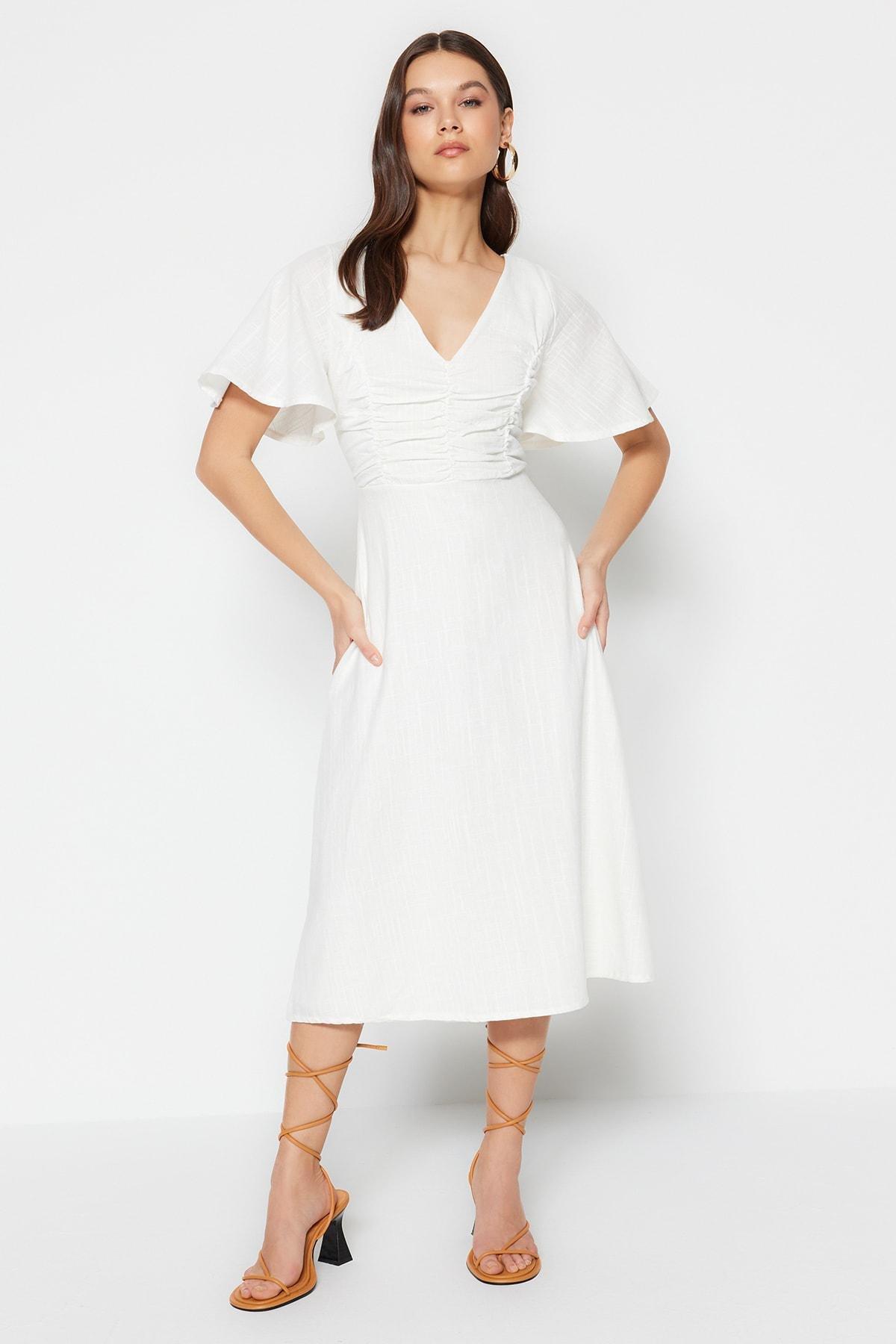 White V-Neck A-Line Dress, Ecru, large image number 0
