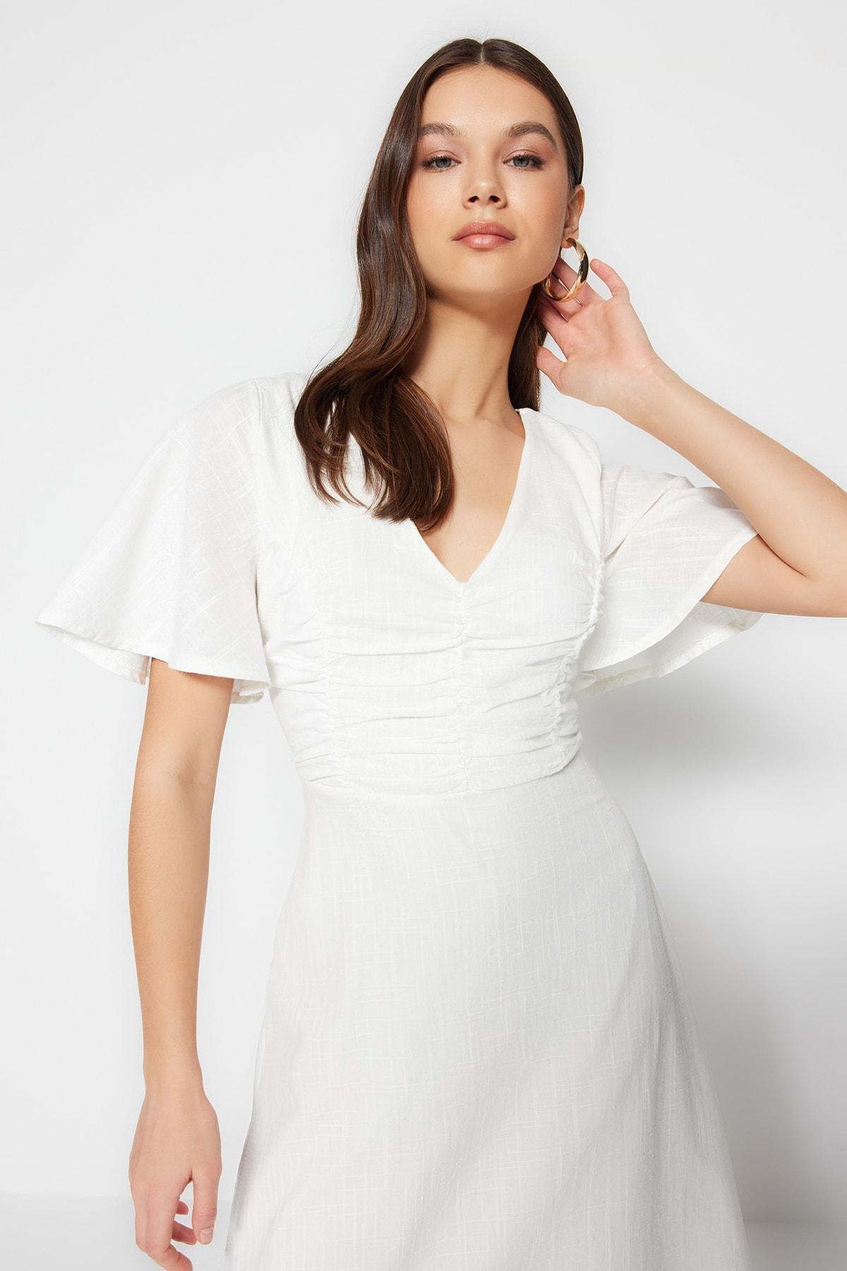 White V-Neck A-Line Dress, Ecru, large image number 1