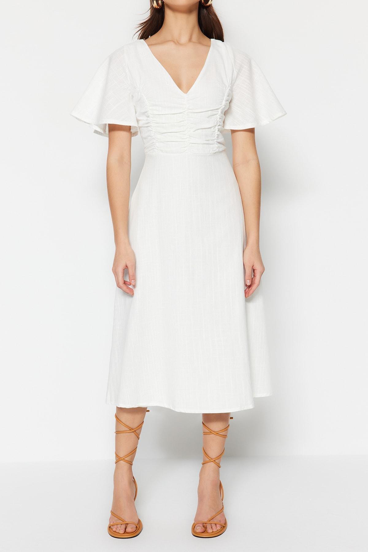 White V-Neck A-Line Dress, Ecru, large image number 2