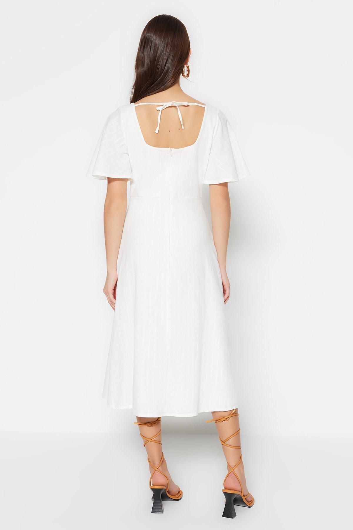 White V-Neck A-Line Dress, Ecru, large image number 4