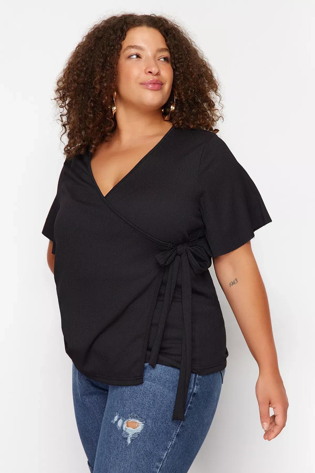 Black Fitted Plus Size Blouse, Black, large image number 0