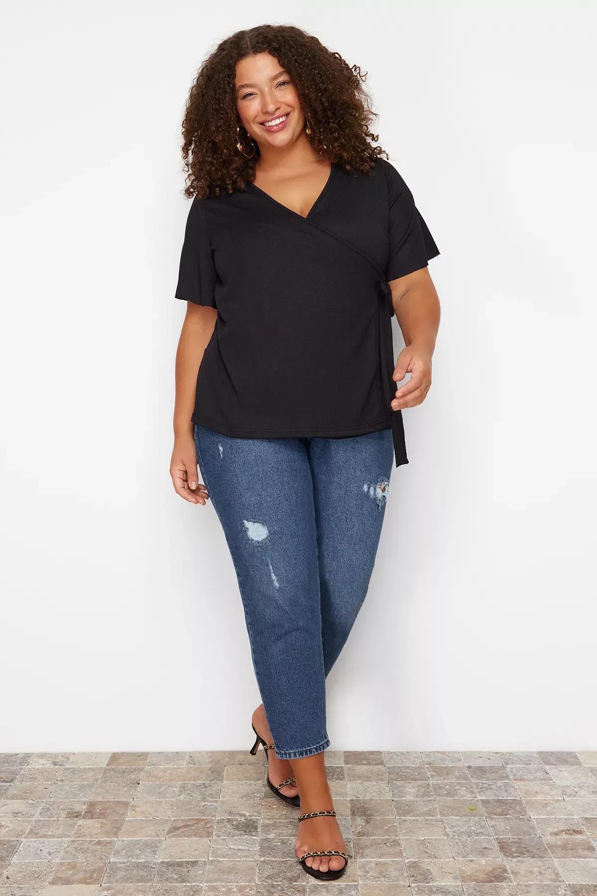 Black Fitted Plus Size Blouse, Black, large image number 2