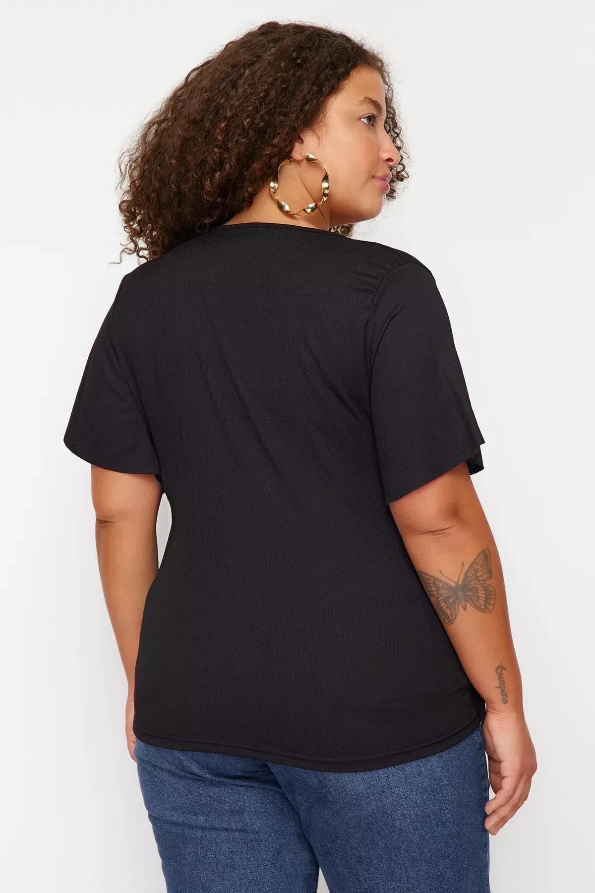 Black Fitted Plus Size Blouse, Black, large image number 3