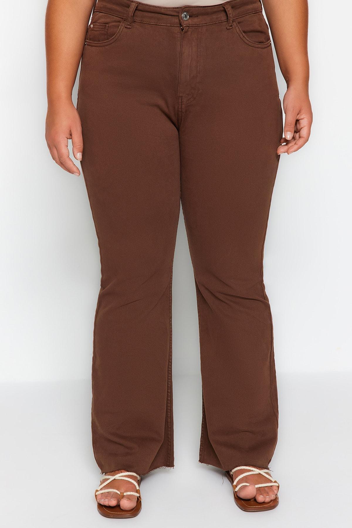 Khaki Wide Leg Plus Size Pants, Brown, large image number 0