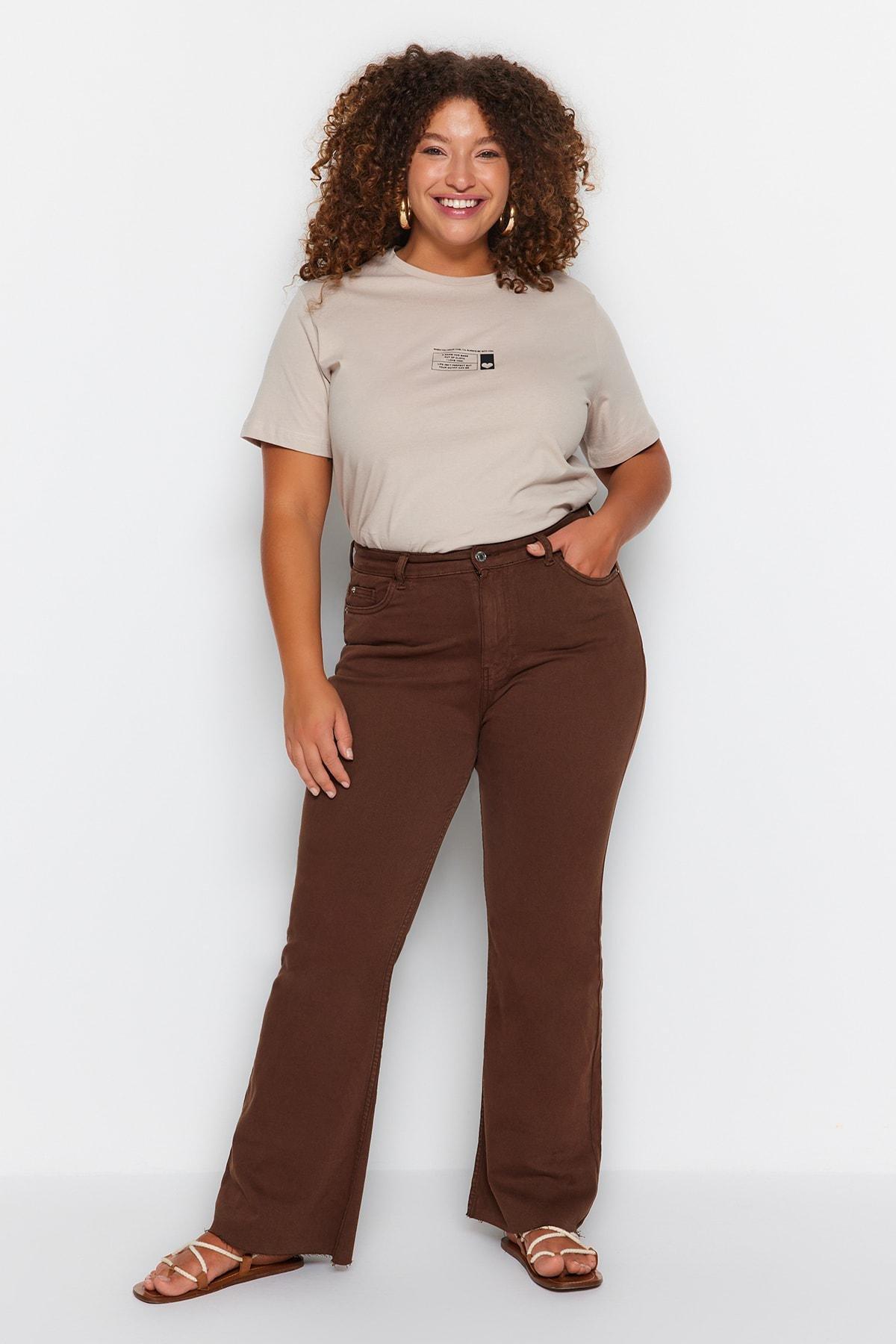 Khaki Wide Leg Plus Size Pants, Brown, large image number 1
