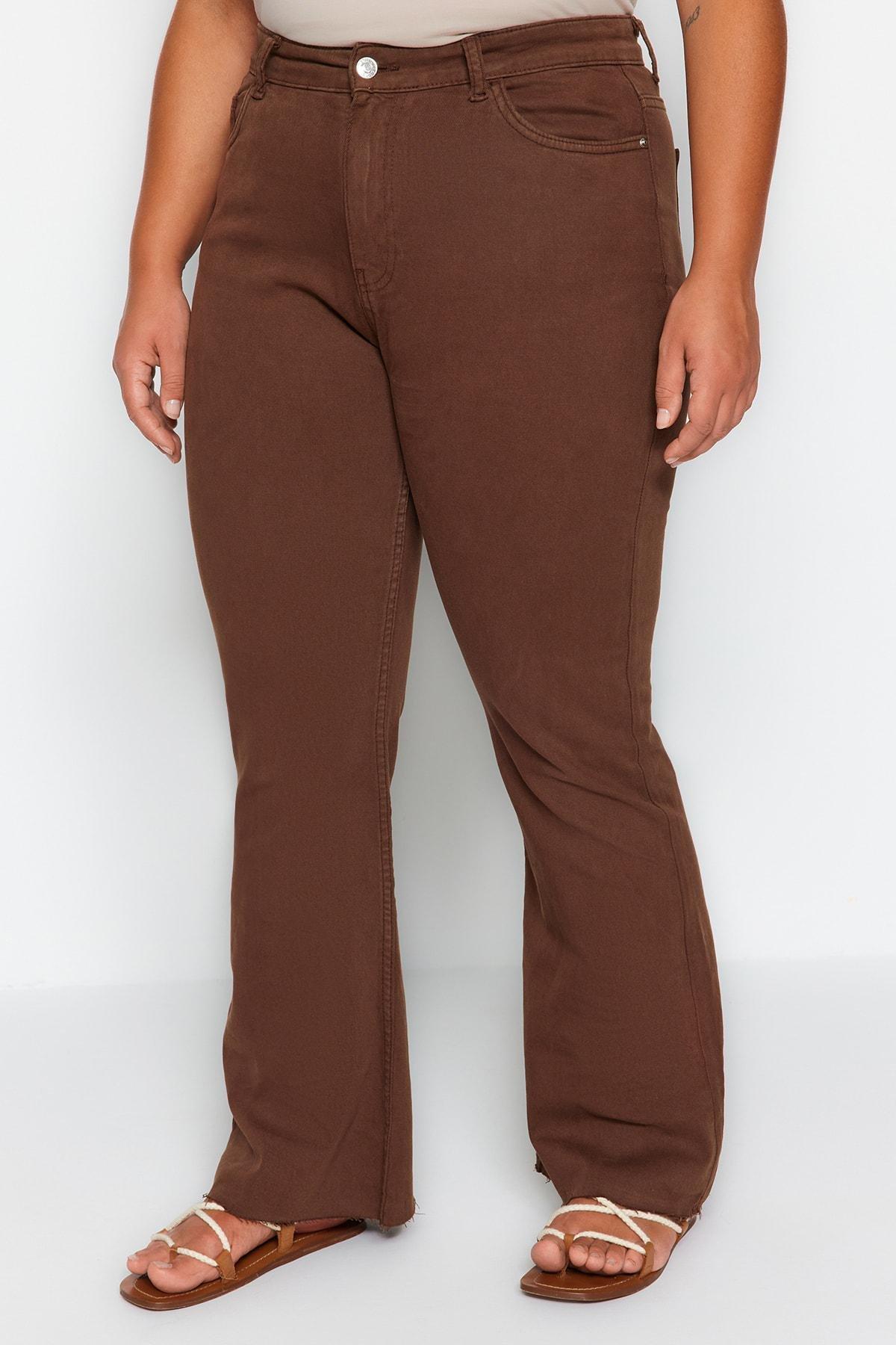 Khaki Wide Leg Plus Size Pants, Brown, large image number 3