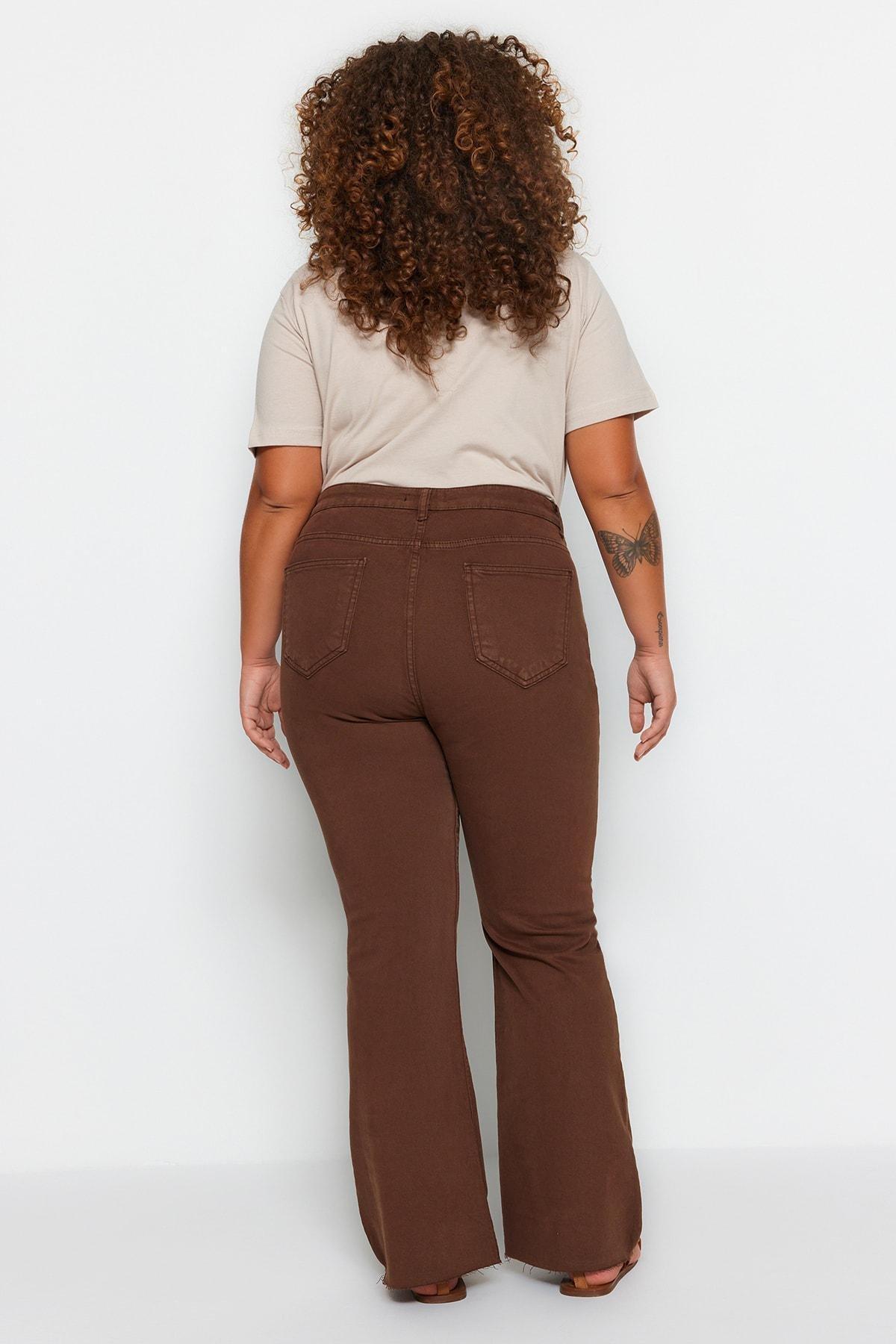 Khaki Wide Leg Plus Size Pants, Brown, large image number 5