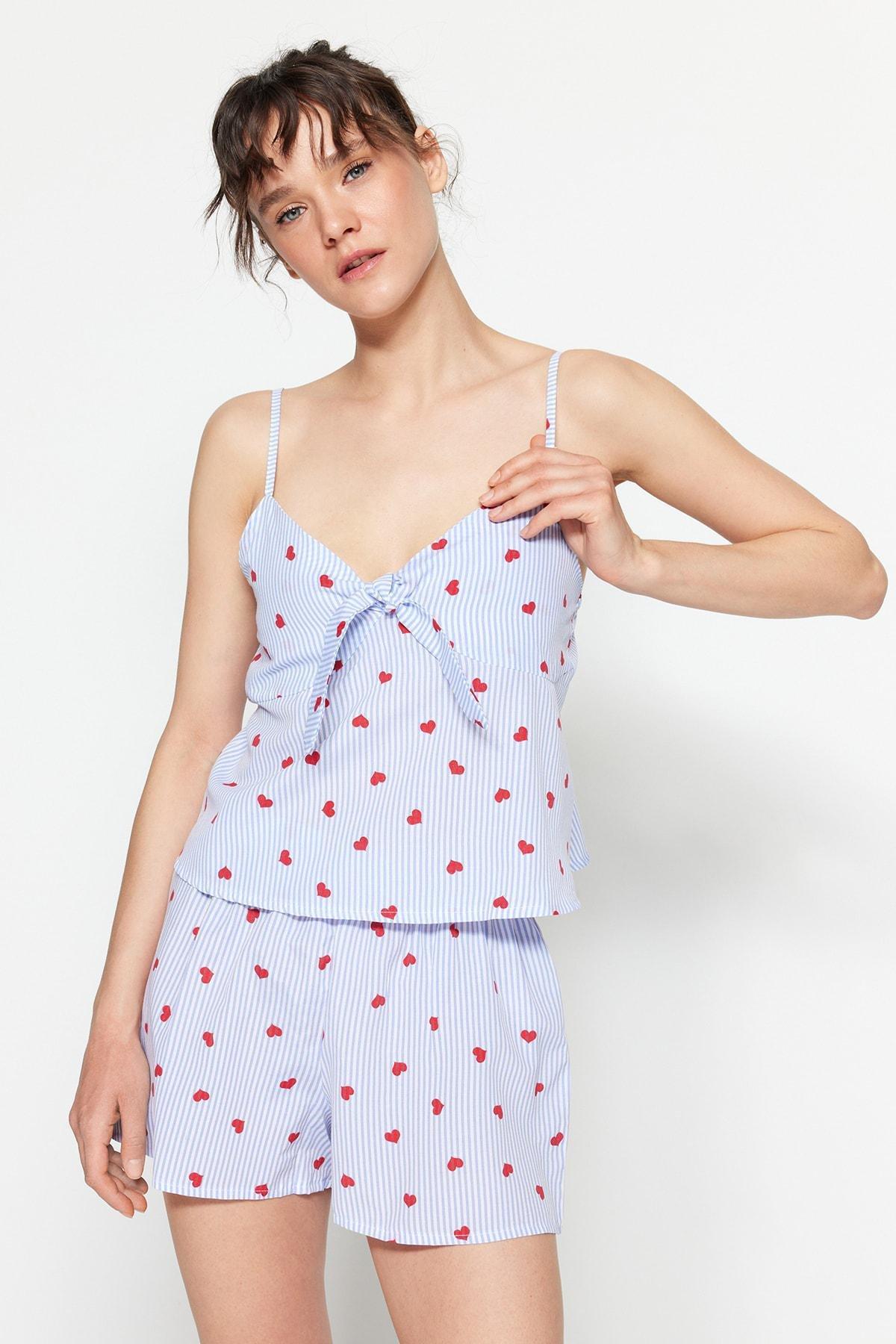 Blue Striped Heart Print Pajama Set, , large image number 1