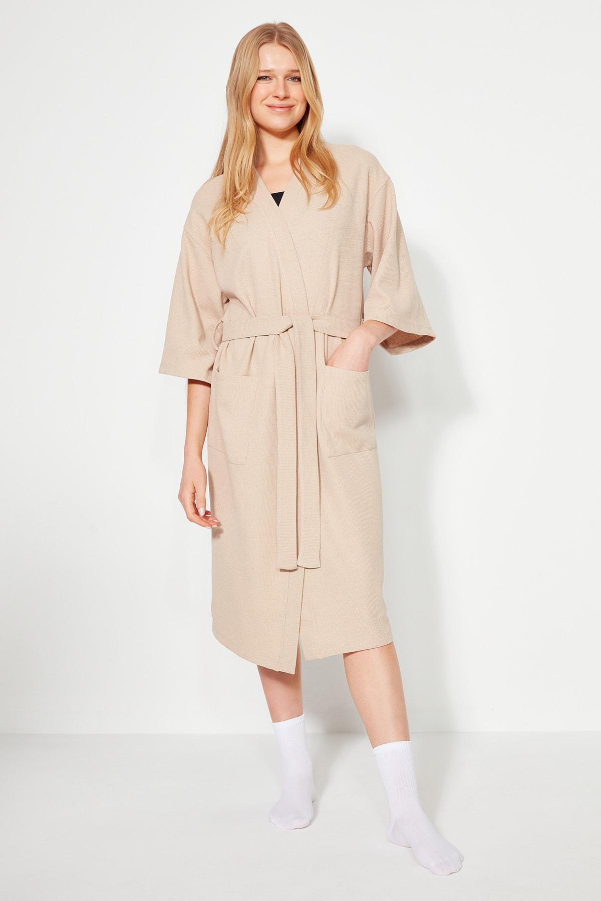 Trendyol - Beige Belted Dressing Gown