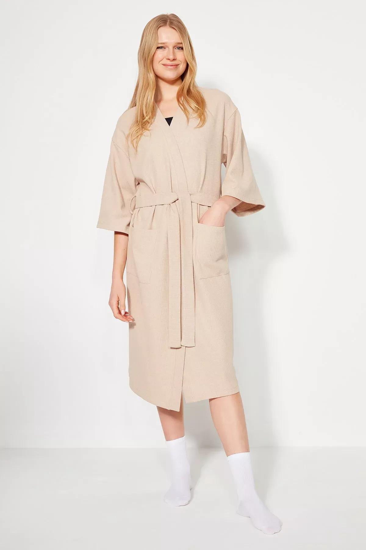 روب منزلي بحزام، بيج, Beige, medium
