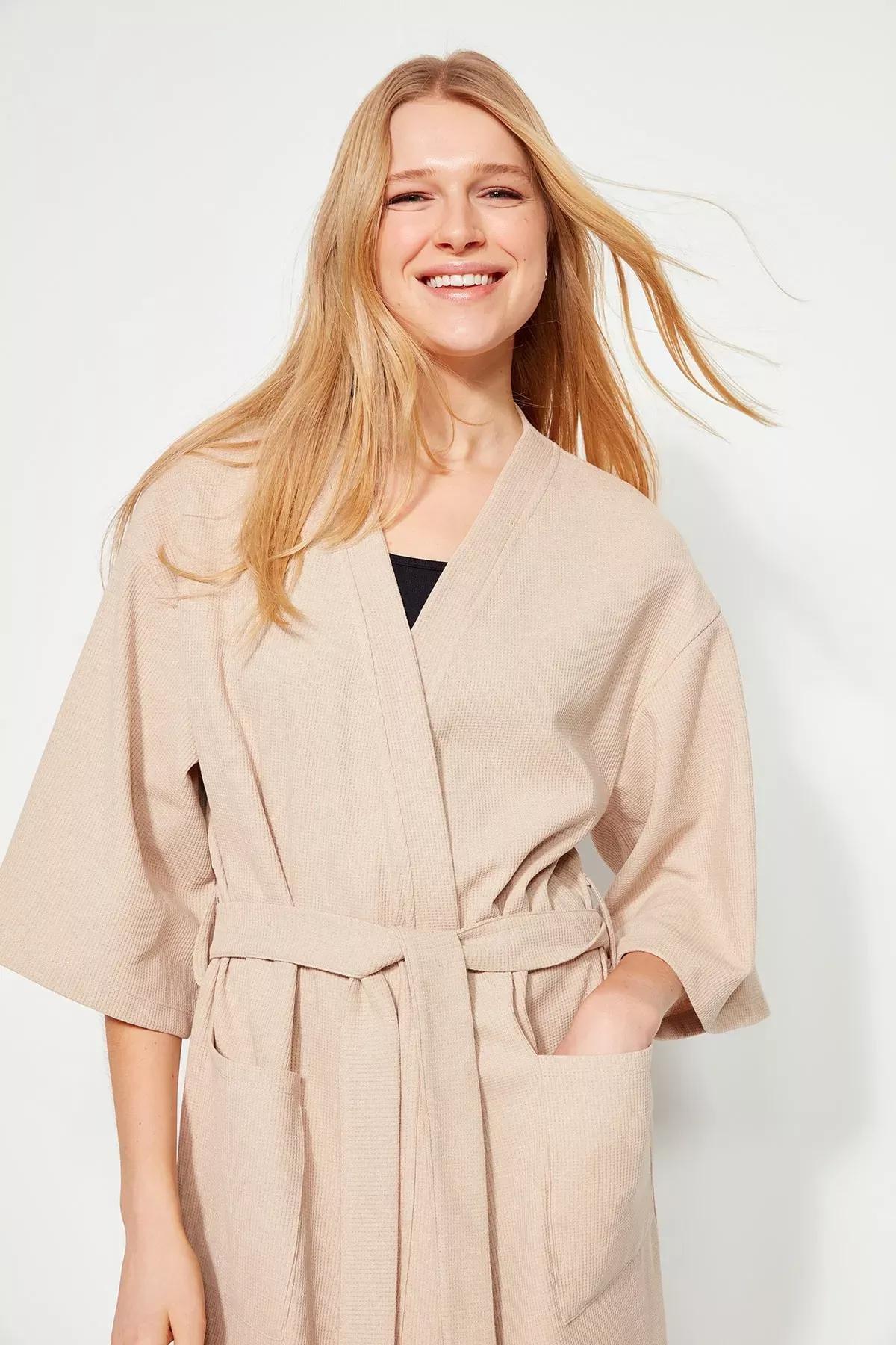 روب منزلي بحزام، بيج, Beige, large image number 1