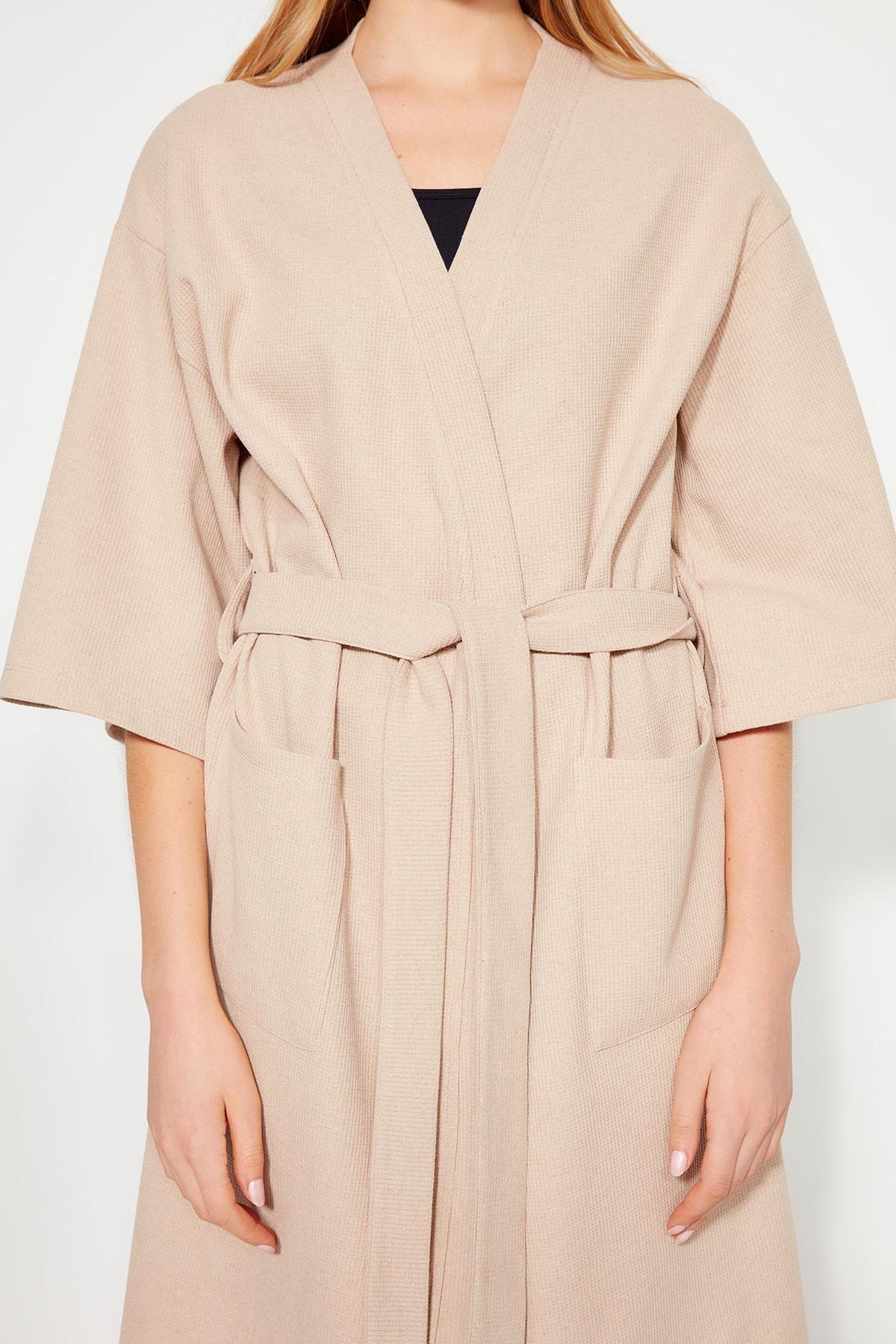 Trendyol - Beige Belted Dressing Gown