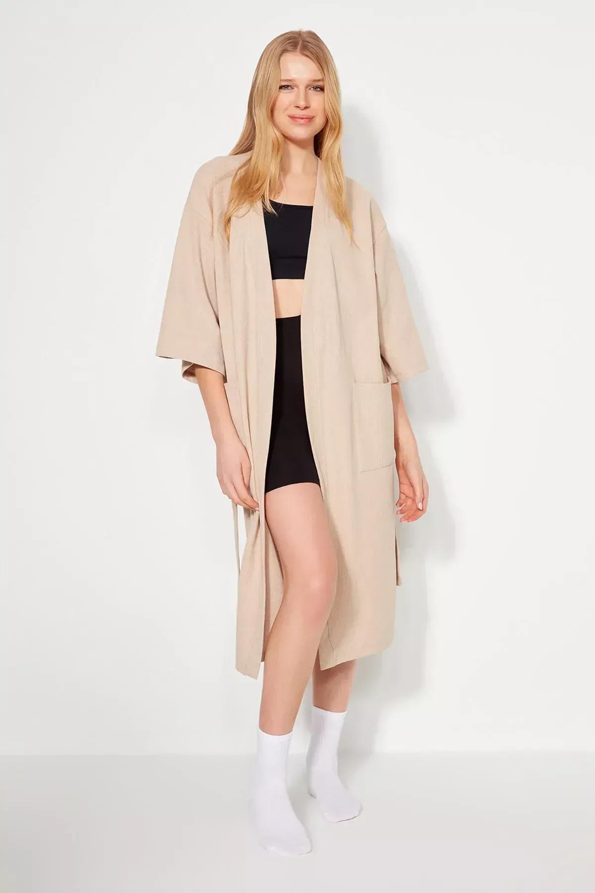 روب منزلي بحزام، بيج, Beige, large image number 3