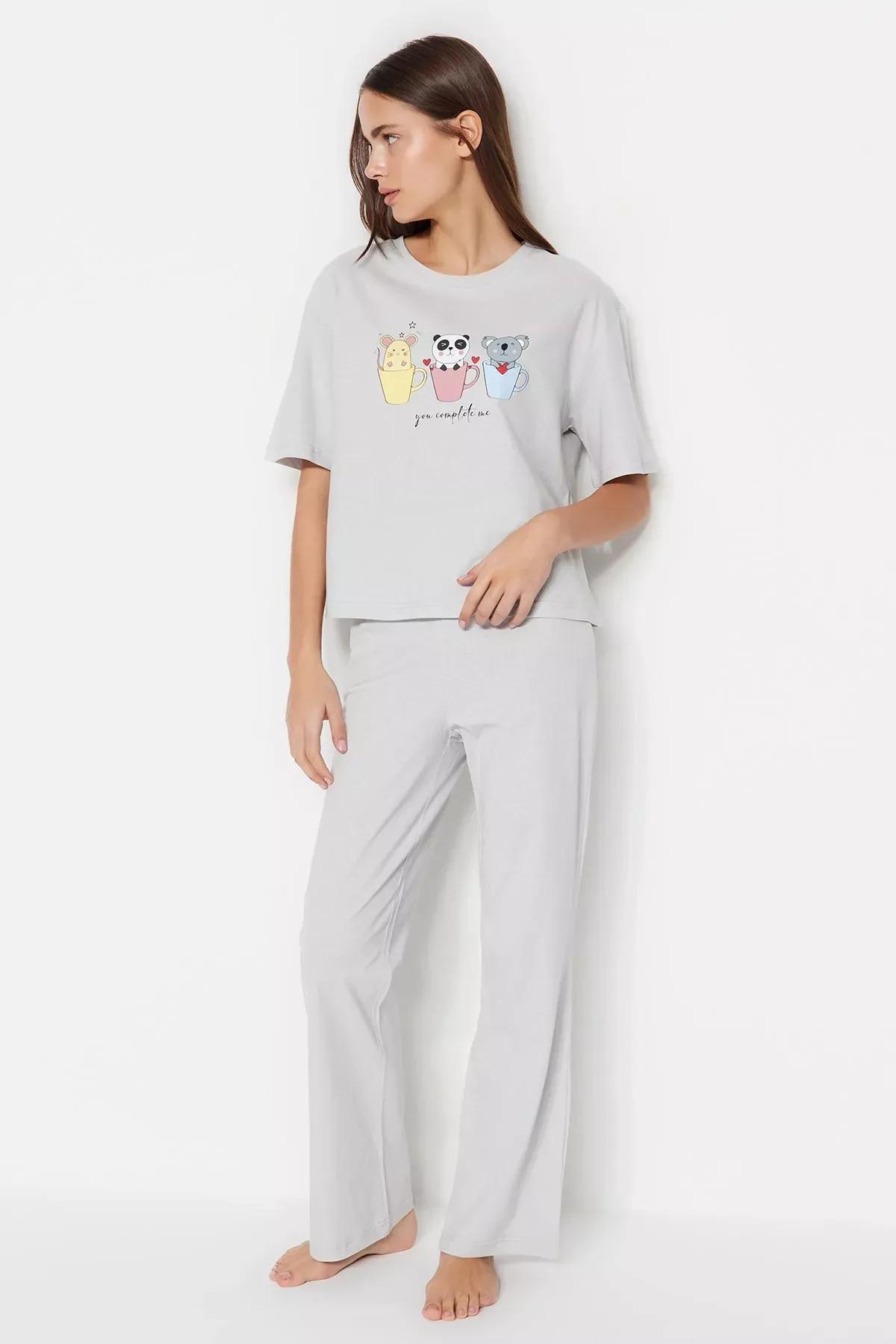 Grey Printed Pajama Set, Gray, large image number 1