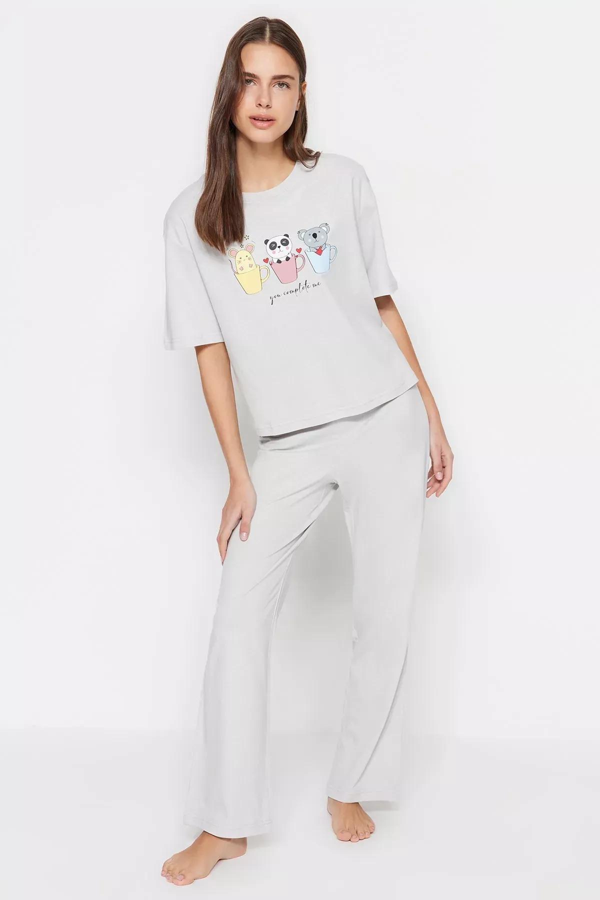 Grey Printed Pajama Set, Gray, large image number 2