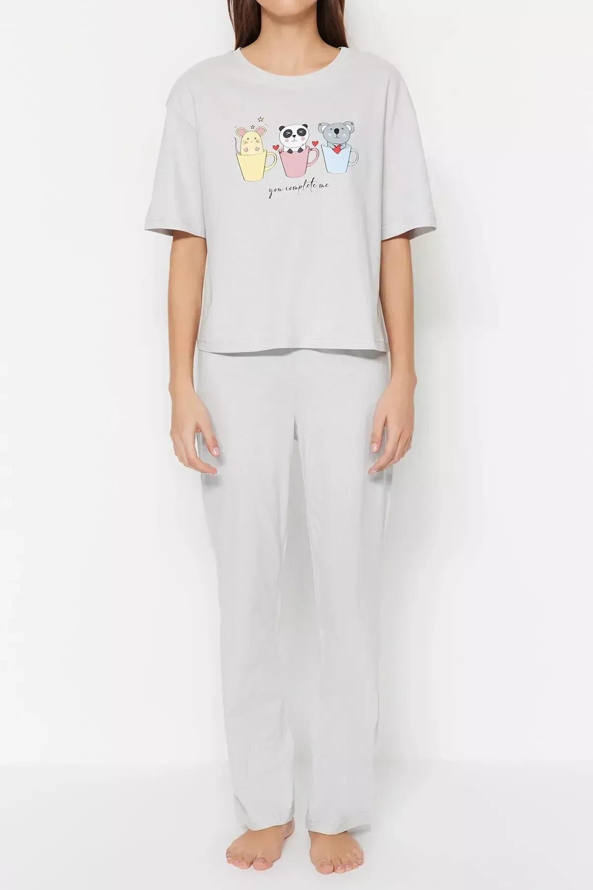 Grey Printed Pajama Set, Gray, large image number 4