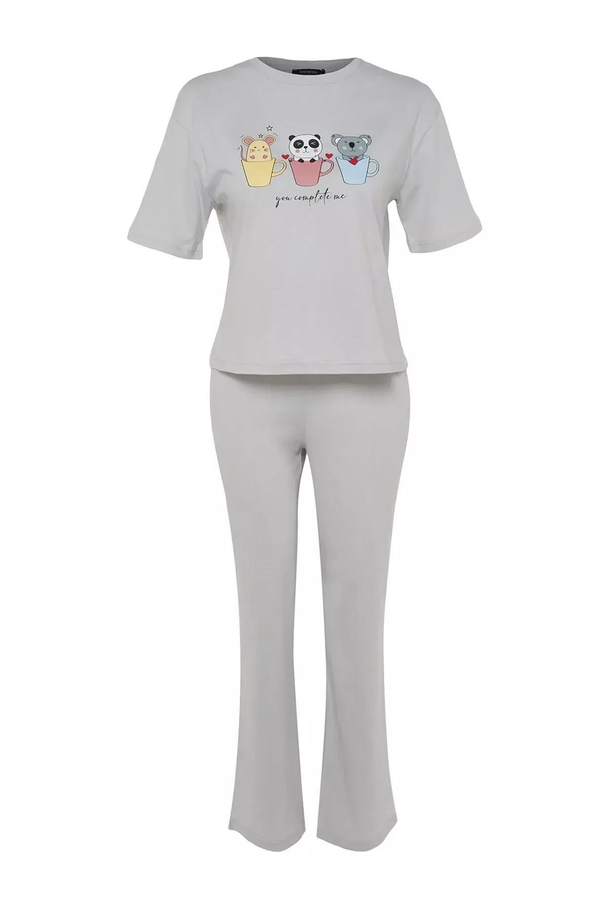 Grey Printed Pajama Set, Gray, large image number 6