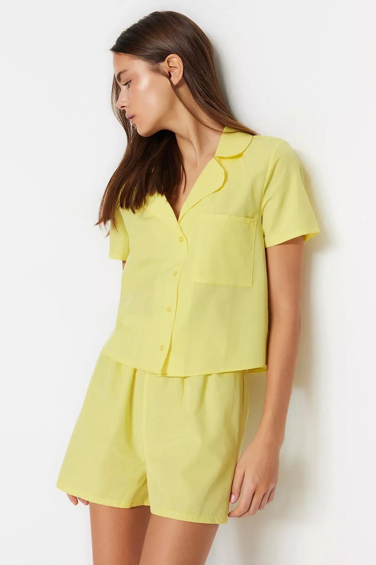 Yellow Shirt Collar Pajama Set, Yellow, large image number 0