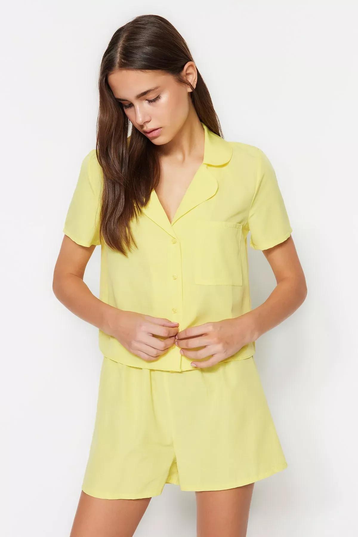 Yellow Shirt Collar Pajama Set, Yellow, large image number 1