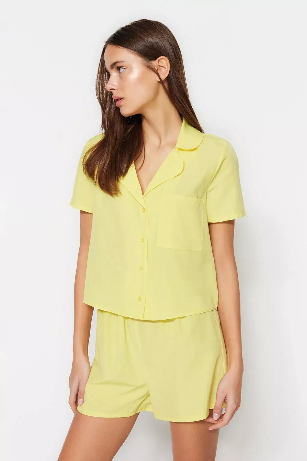 Yellow Shirt Collar Pajama Set, Yellow, large image number 2