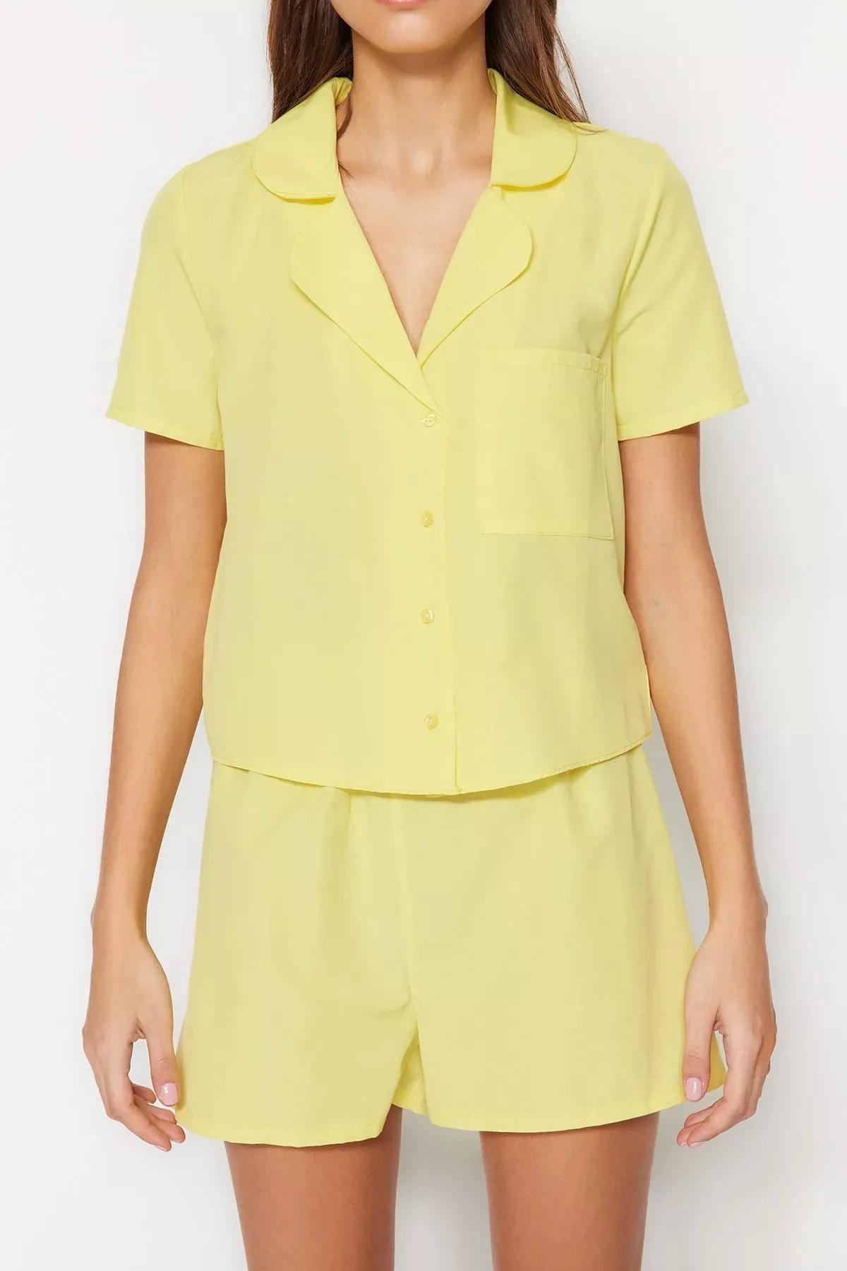 Yellow Shirt Collar Pajama Set, Yellow, large image number 3