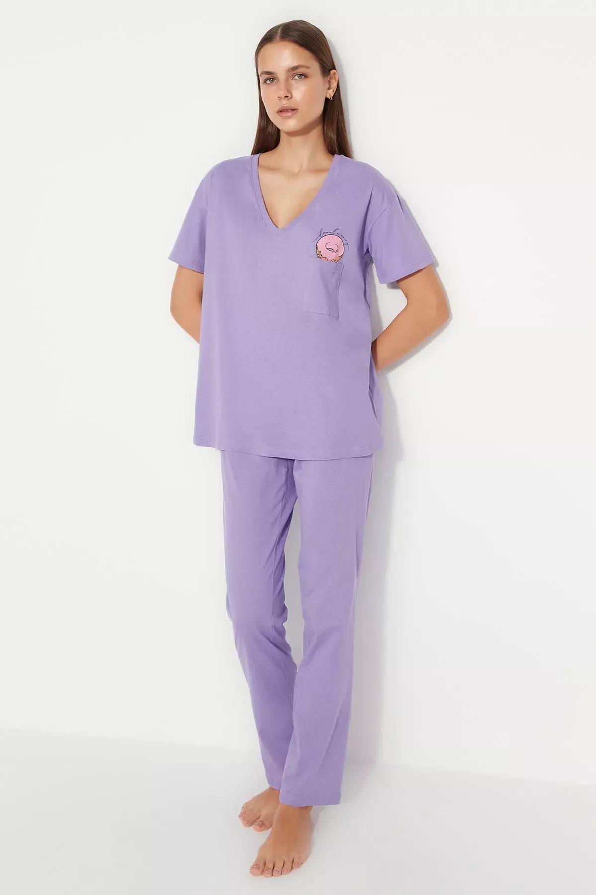 طقم بيجاما بفتحة رقبة V، وردي, Pink, large image number 1