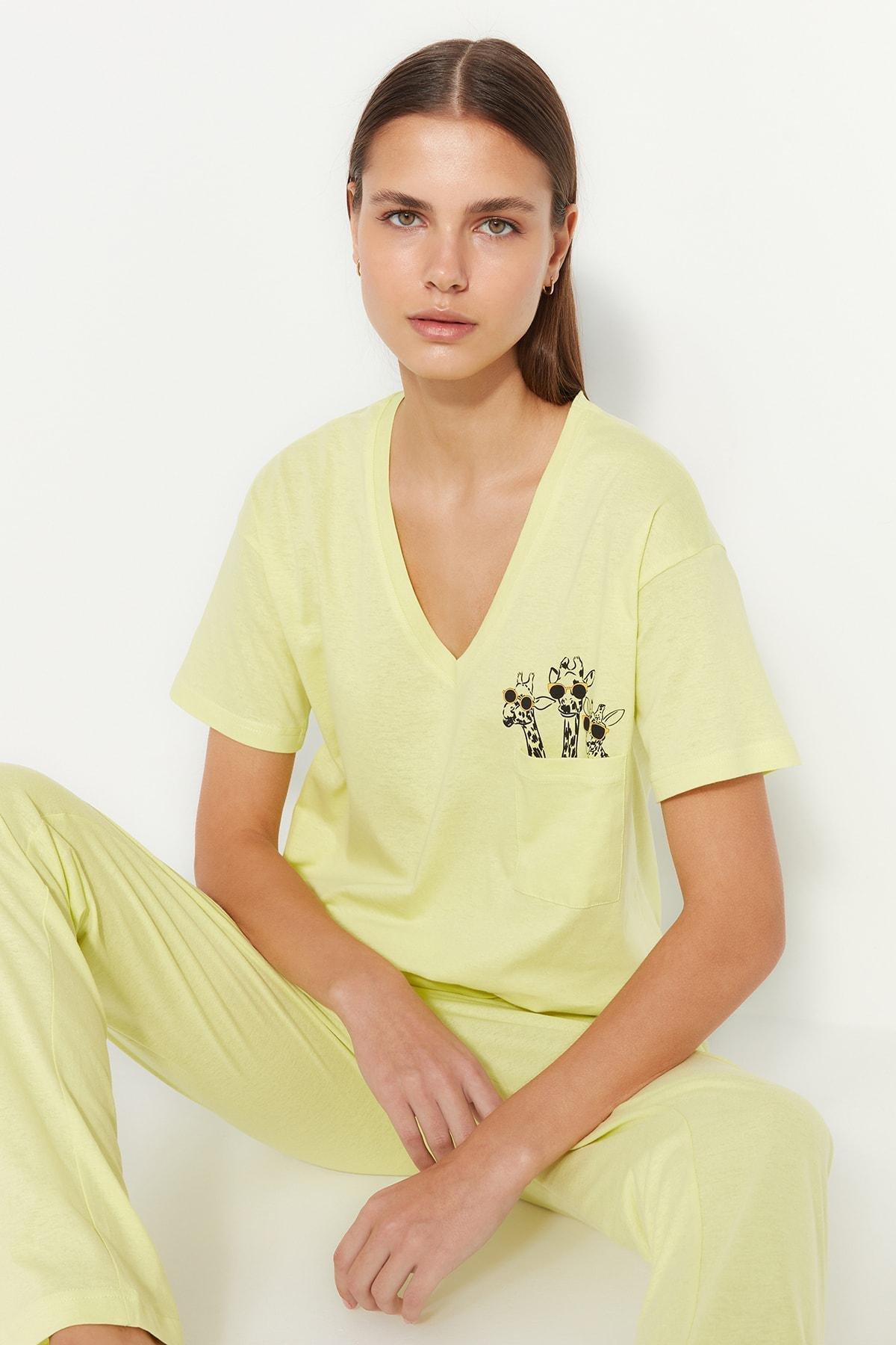 Green V-Neck Pajama Set, , large image number 0