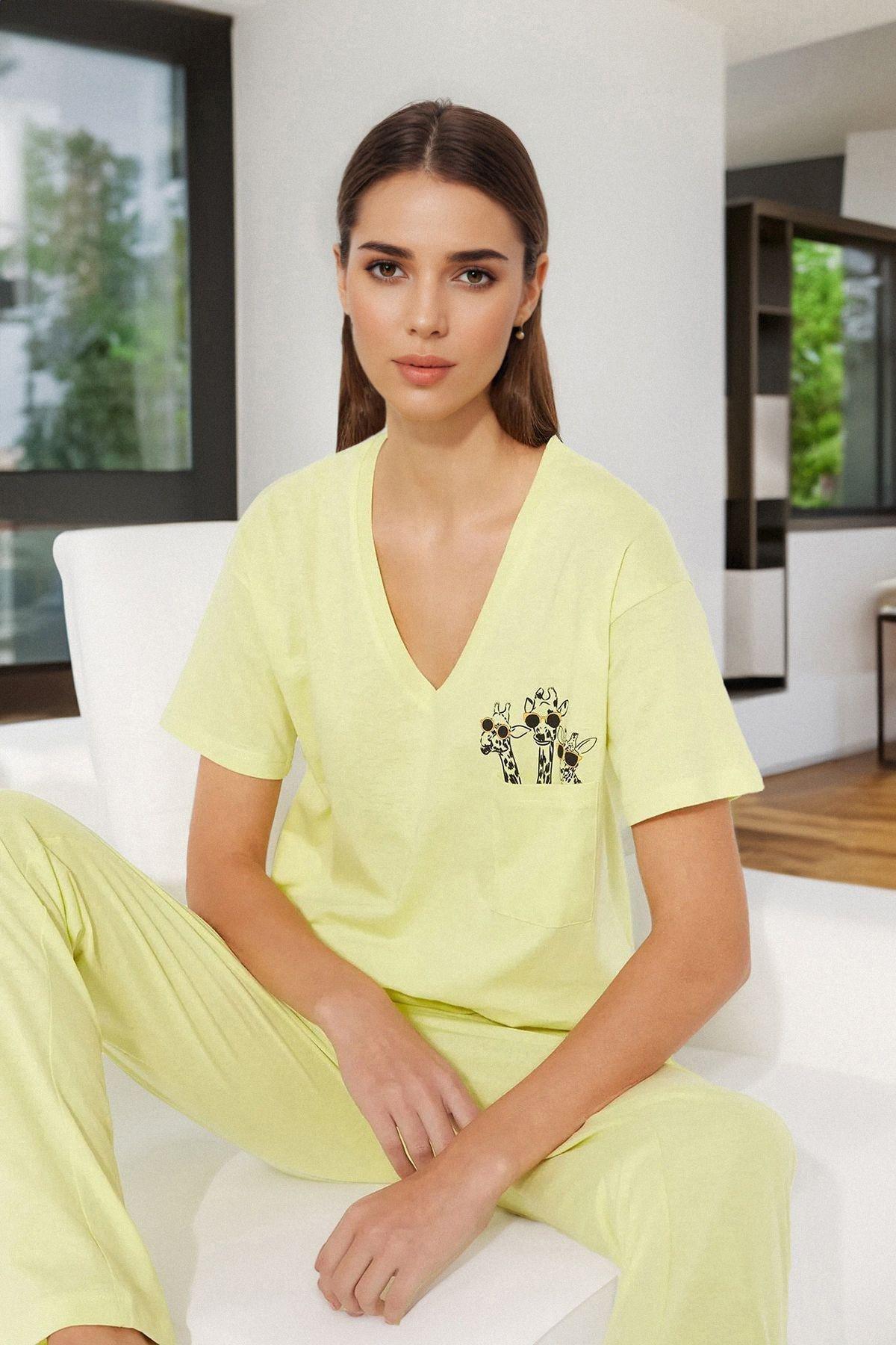 Green V-Neck Pajama Set, , large image number 1