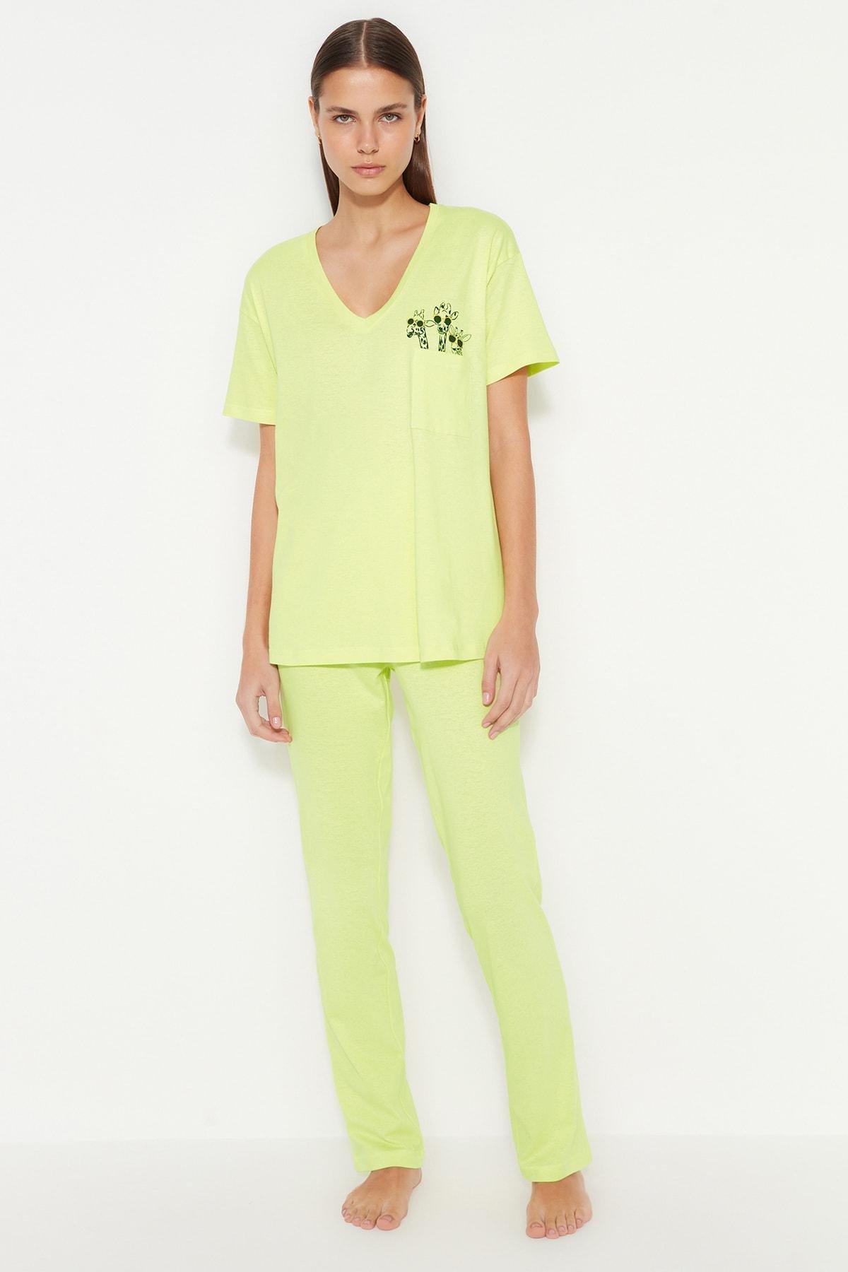 Green V-Neck Pajama Set, , large image number 3