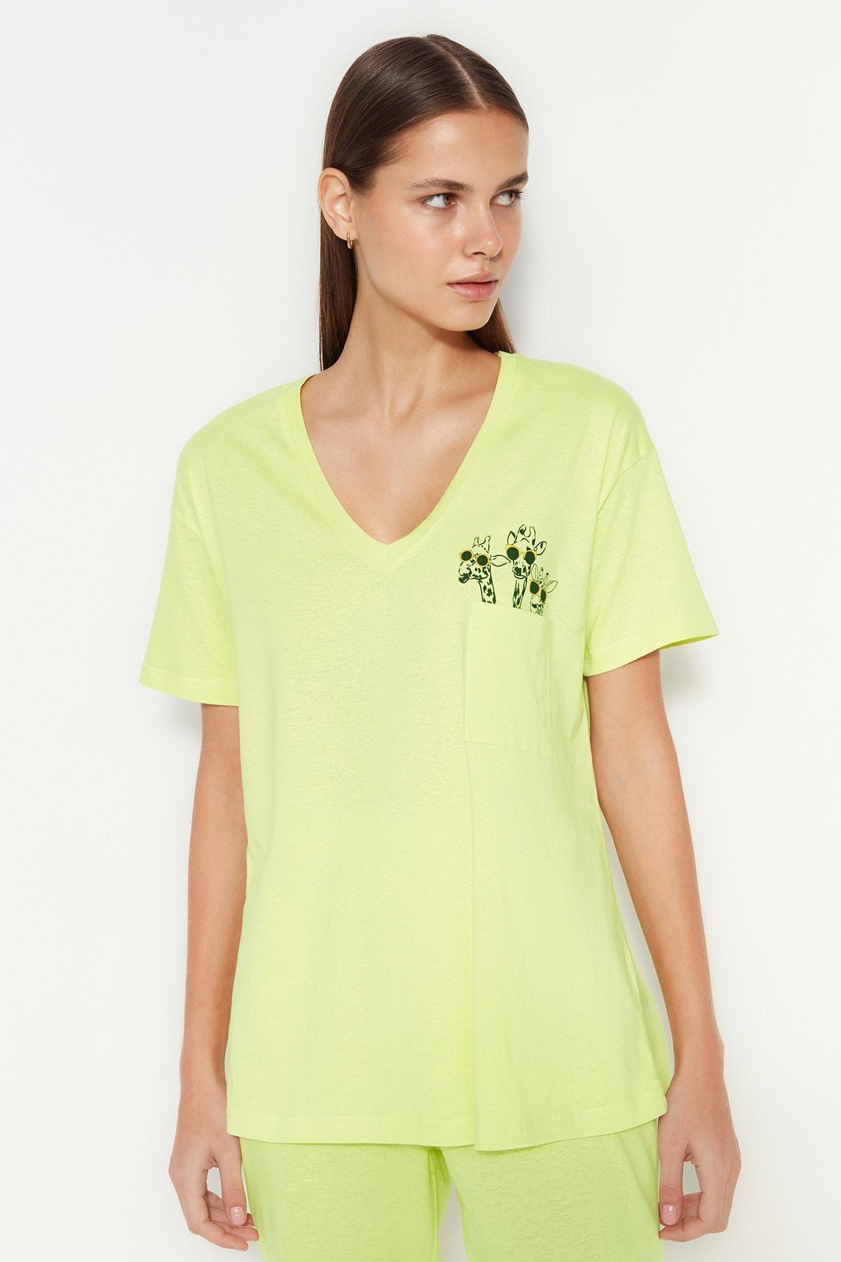 Green V-Neck Pajama Set, , large image number 4