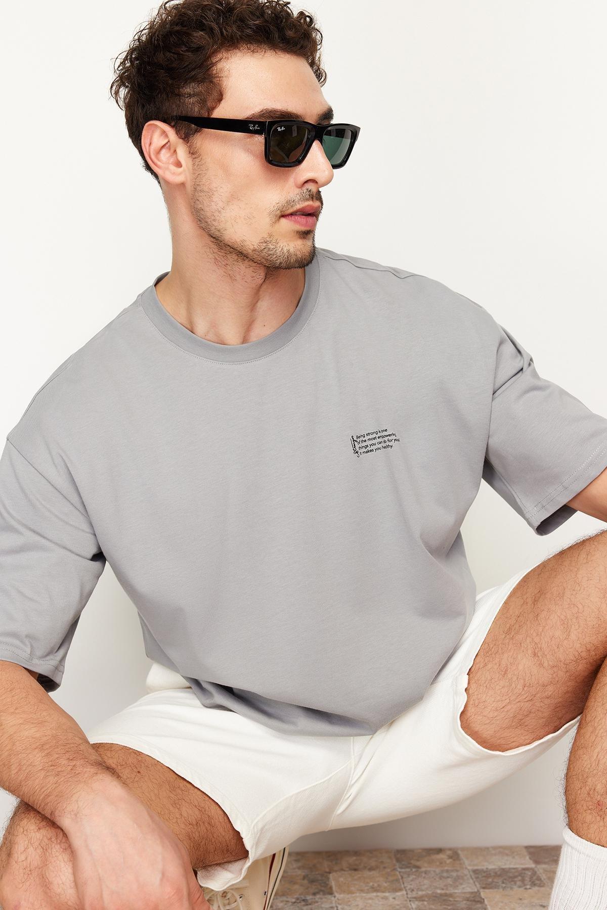 Grey Oversize Crew Neck Printed T-Shirt, , large image number 2