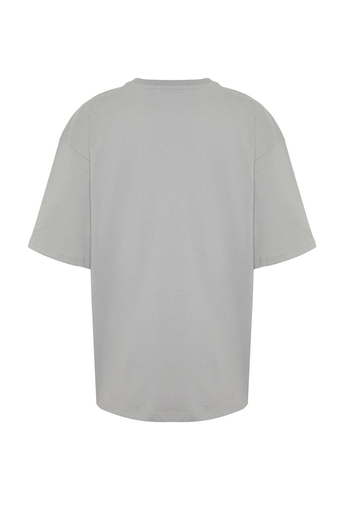 Grey Oversize Crew Neck Printed T-Shirt, , large image number 5