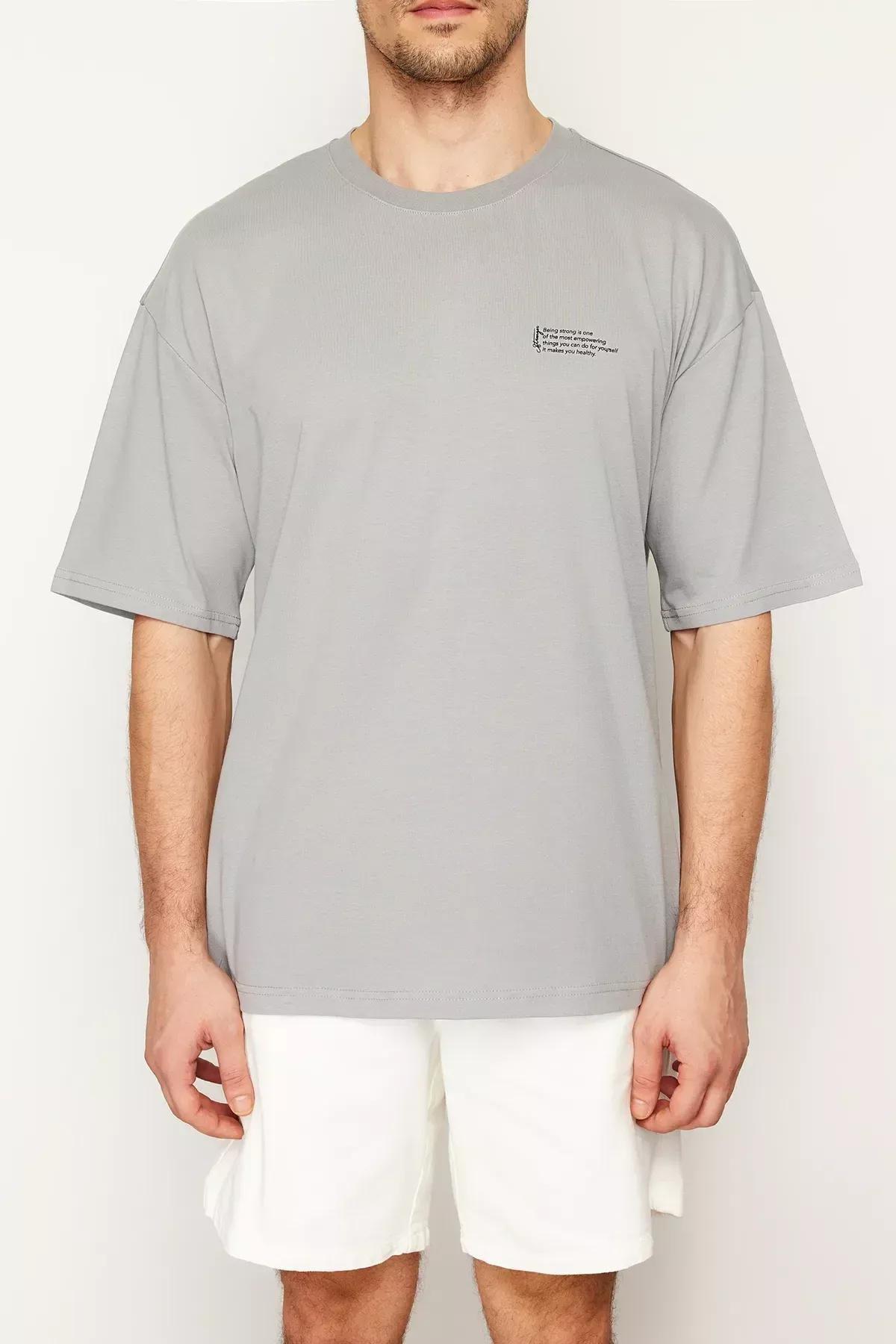 Grey Oversize Crew Neck Printed T-Shirt, C101_1653, large image number 8