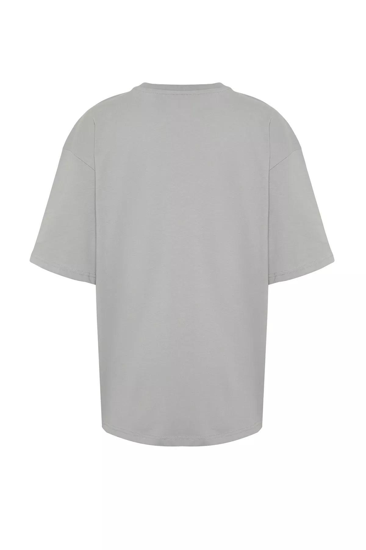 Grey Oversize Crew Neck Printed T-Shirt, C101_1653, large image number 9