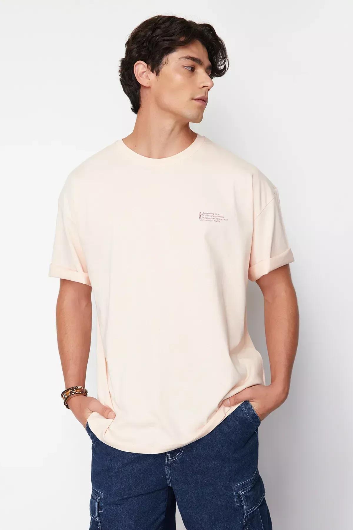 Powder Oversize 100% Cotton Crew Neck Minimal Text Printed T-Shirt TMNSS23TS00084, single, POWDER, large image number 0