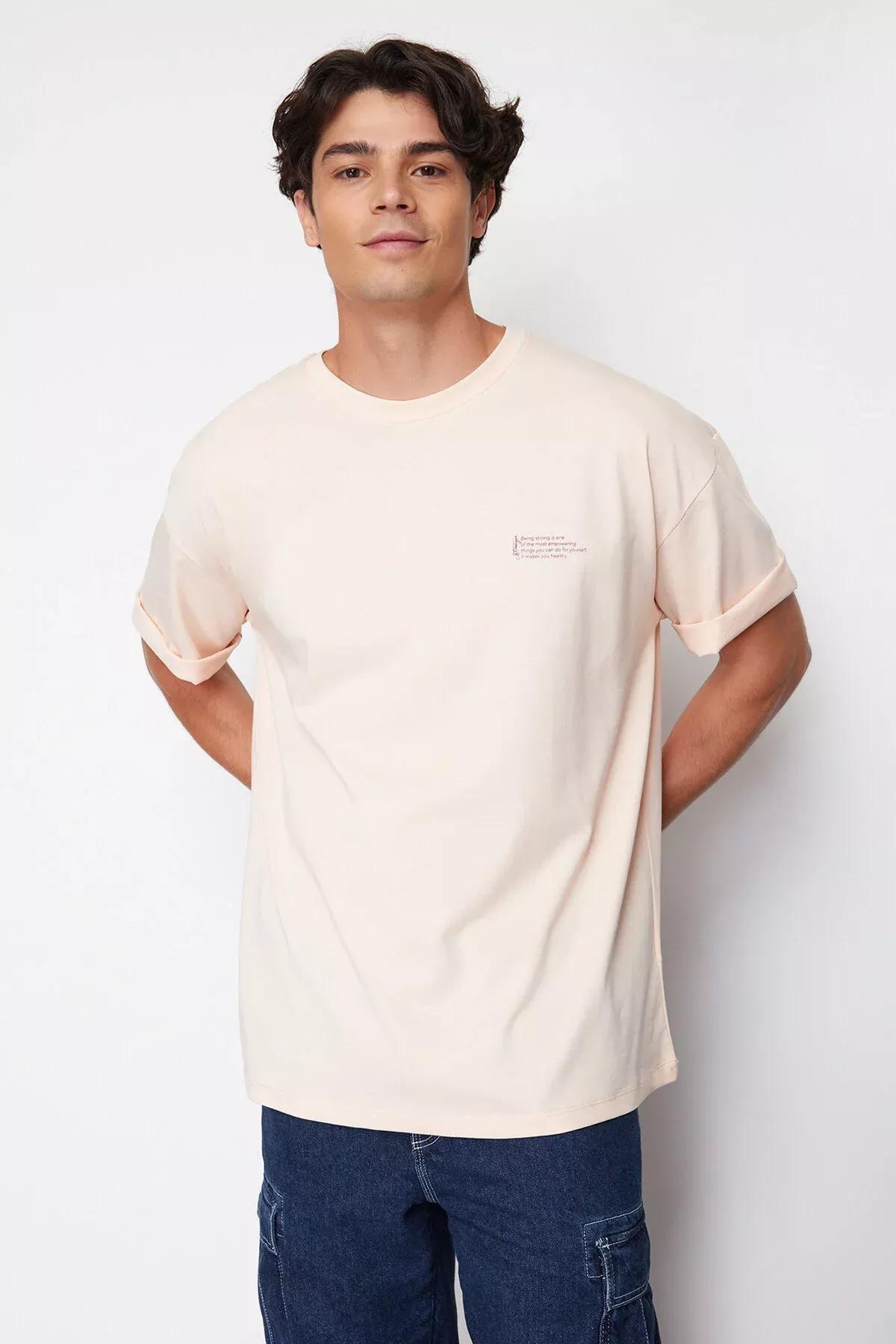 Powder Oversize 100% Cotton Crew Neck Minimal Text Printed T-Shirt TMNSS23TS00084, single, POWDER, large image number 1