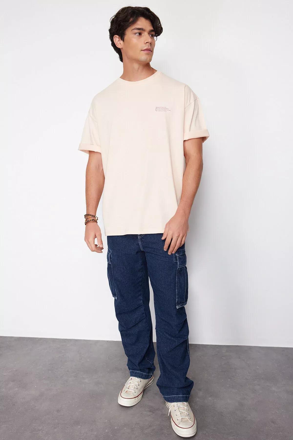 Powder Oversize 100% Cotton Crew Neck Minimal Text Printed T-Shirt TMNSS23TS00084, single, POWDER, large image number 2