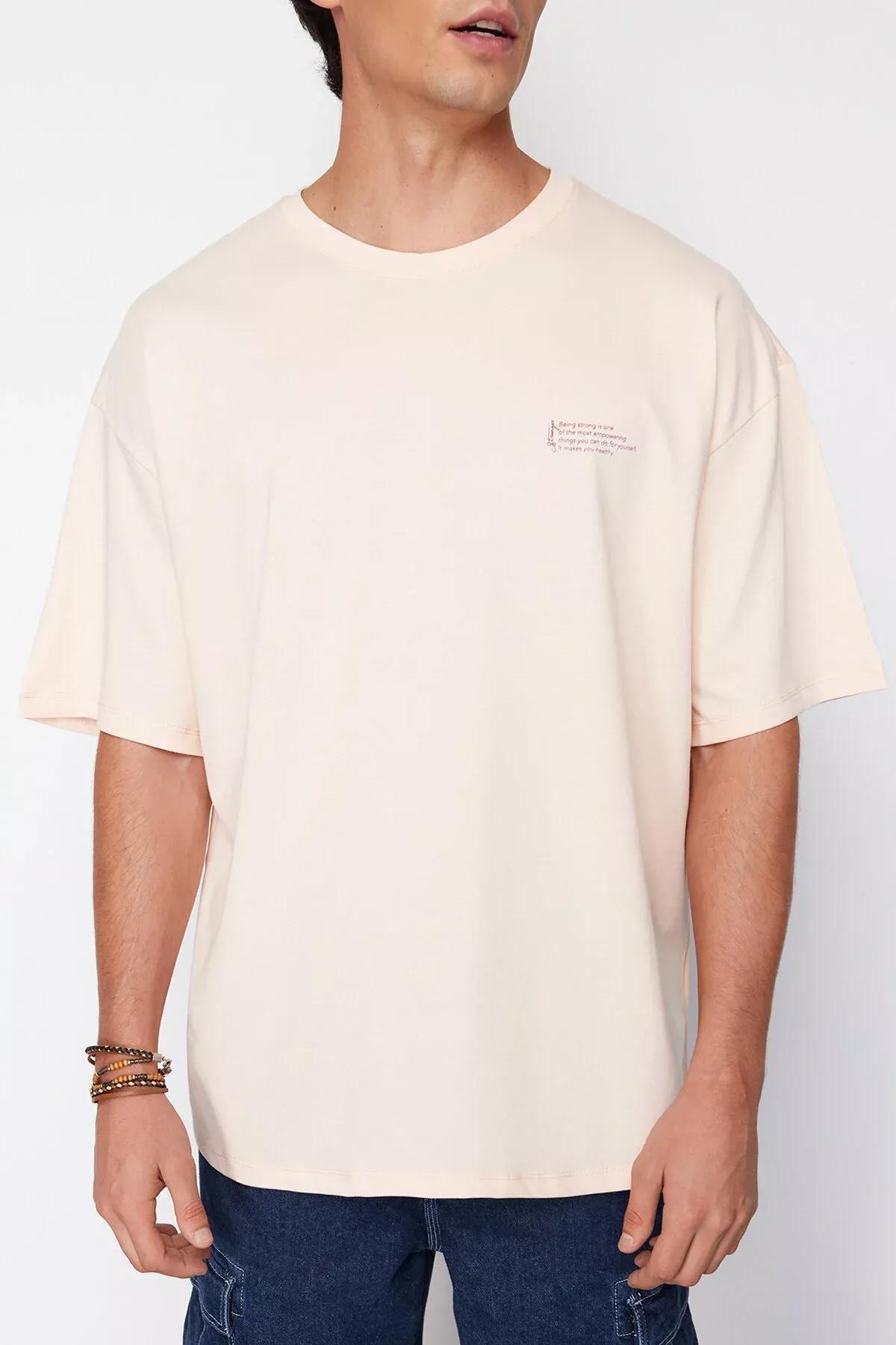 Powder Oversize 100% Cotton Crew Neck Minimal Text Printed T-Shirt TMNSS23TS00084, single, POWDER, large image number 3