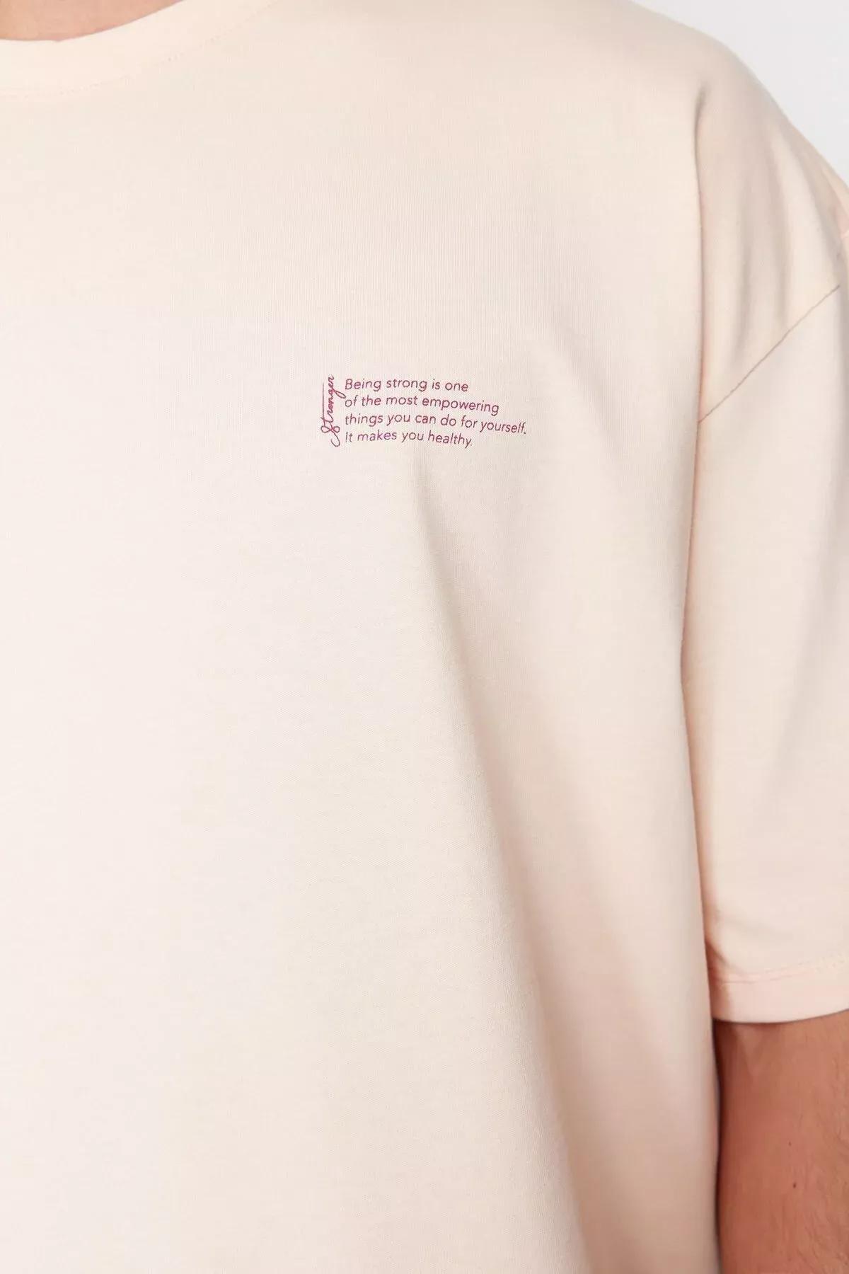 Powder Oversize 100% Cotton Crew Neck Minimal Text Printed T-Shirt TMNSS23TS00084, single, POWDER, large image number 4